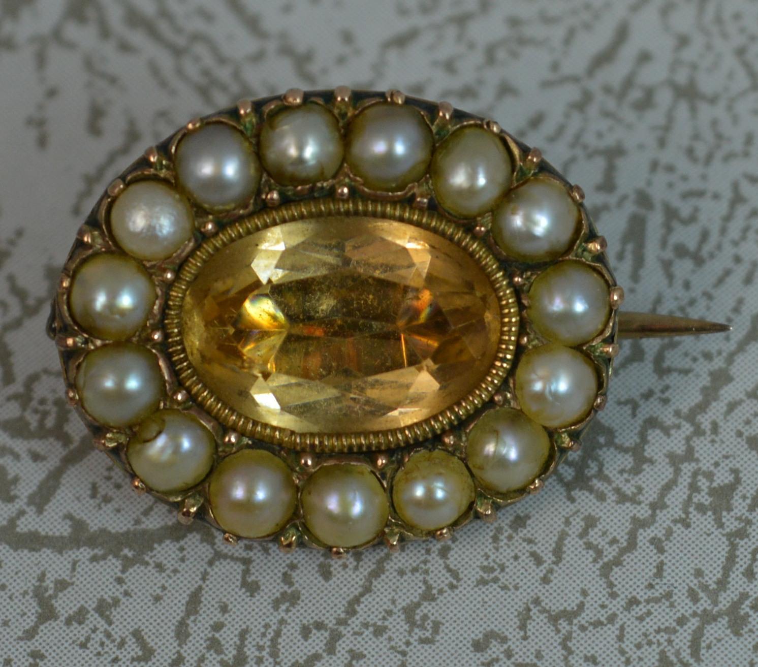 Georgian Foiled Golden Topaz Pearl Rose Gold Brooch 1