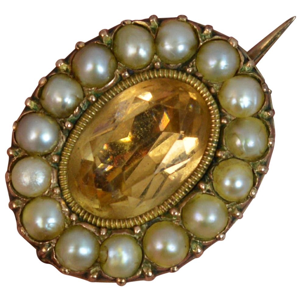 Georgian Foiled Golden Topaz Pearl Rose Gold Brooch