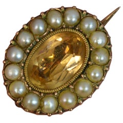 Georgian Foiled Golden Topaz Pearl Rose Gold Brooch