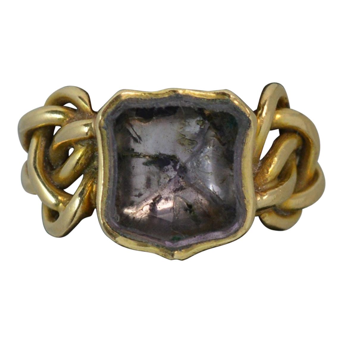 Georgian Foiled Rock Crystal Shield 15 Carat Gold Knot Signet Ring