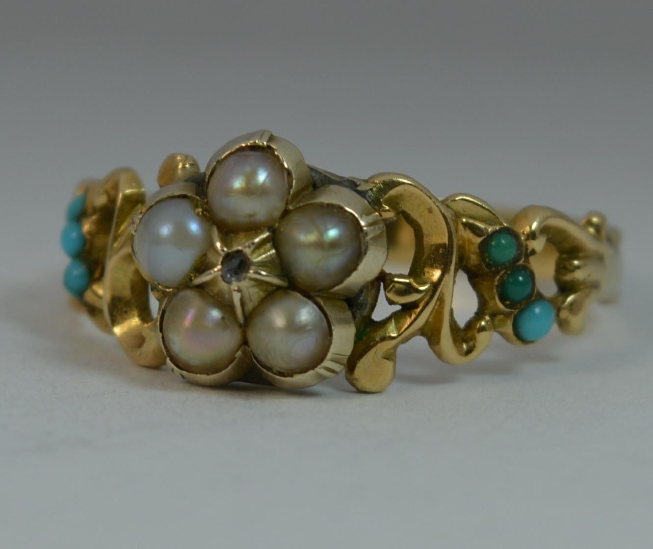 Georgian Forget Me Not Diamond Pearl and Turquoise 15 Carat Gold Ring 5
