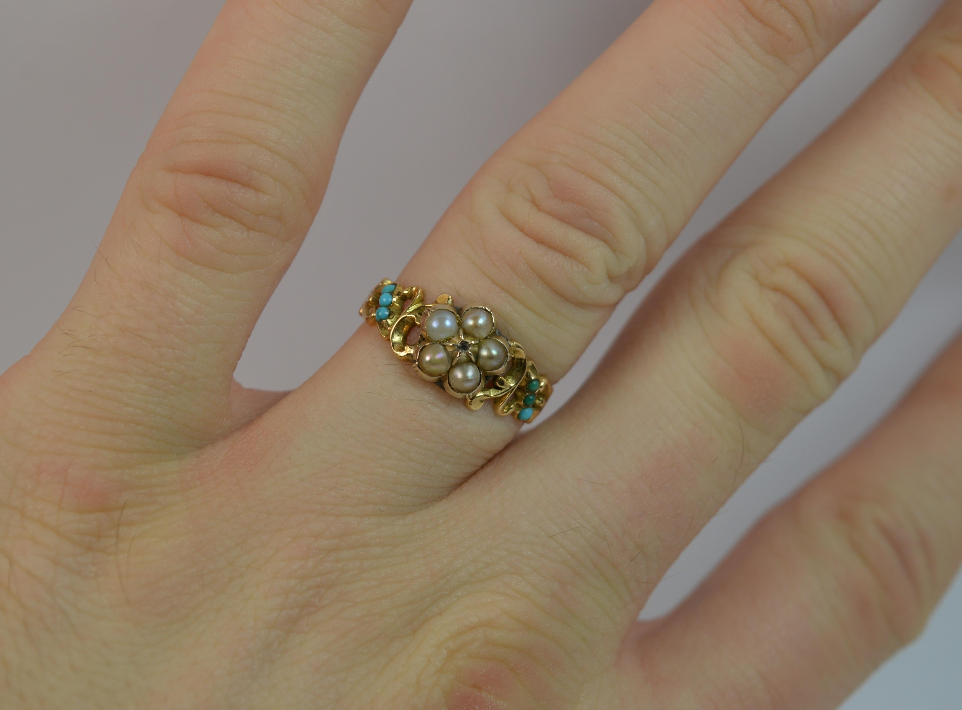 A lovely Georgian period forget me not ring.
SIZE ; N UK, 6 1/2 US
​Beautiful cluster head set with a natural diamond chip to the centre of a seed pearl surround forming a daisy cluster. Three turquoise stones are then set into each shoulder piece