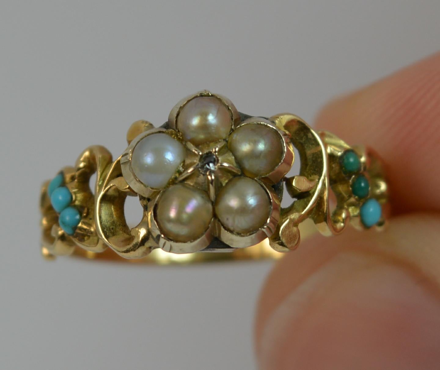 Georgian Forget Me Not Diamond Pearl and Turquoise 15 Carat Gold Ring In Good Condition In St Helens, GB