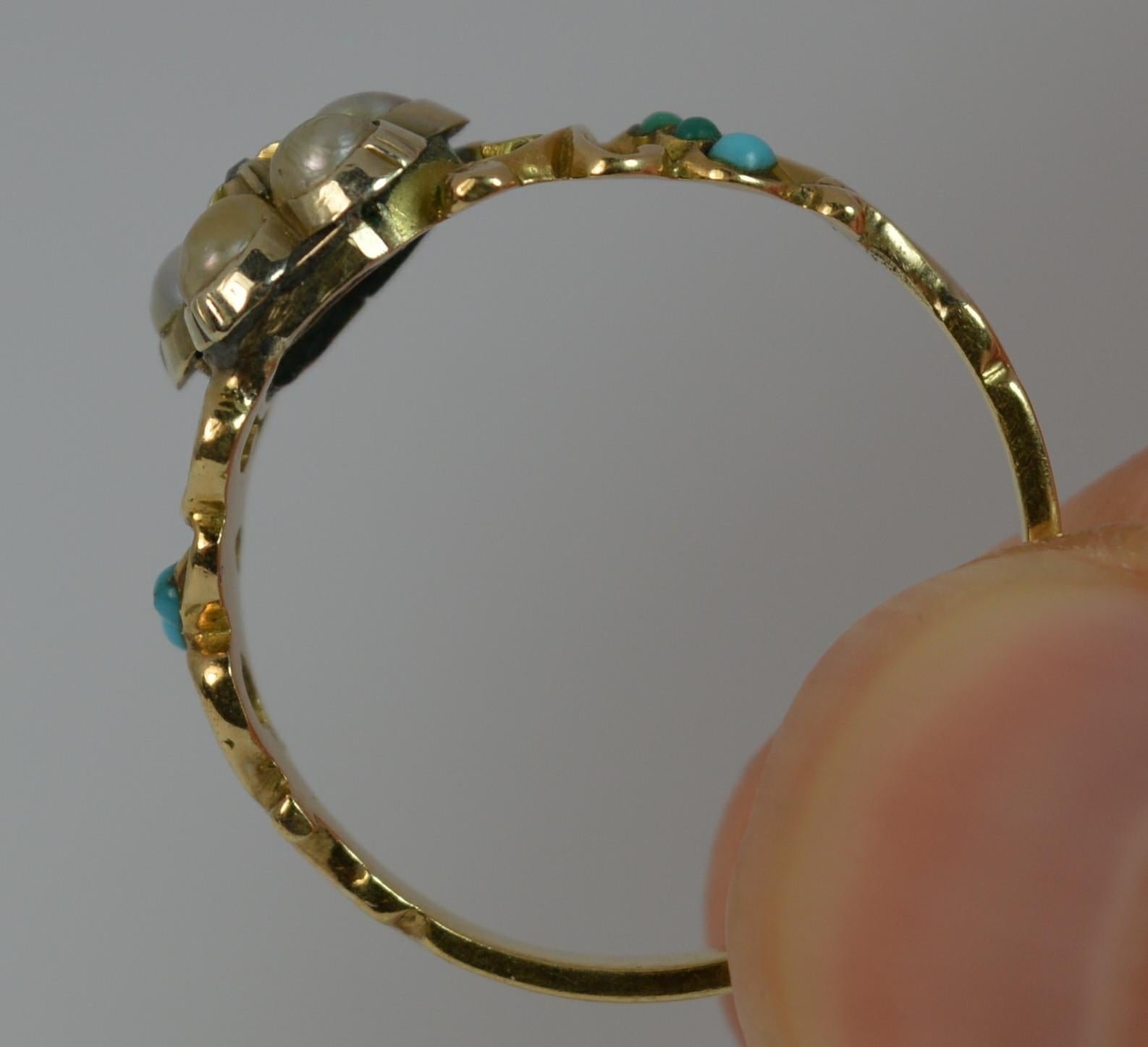 Women's Georgian Forget Me Not Diamond Pearl and Turquoise 15 Carat Gold Ring