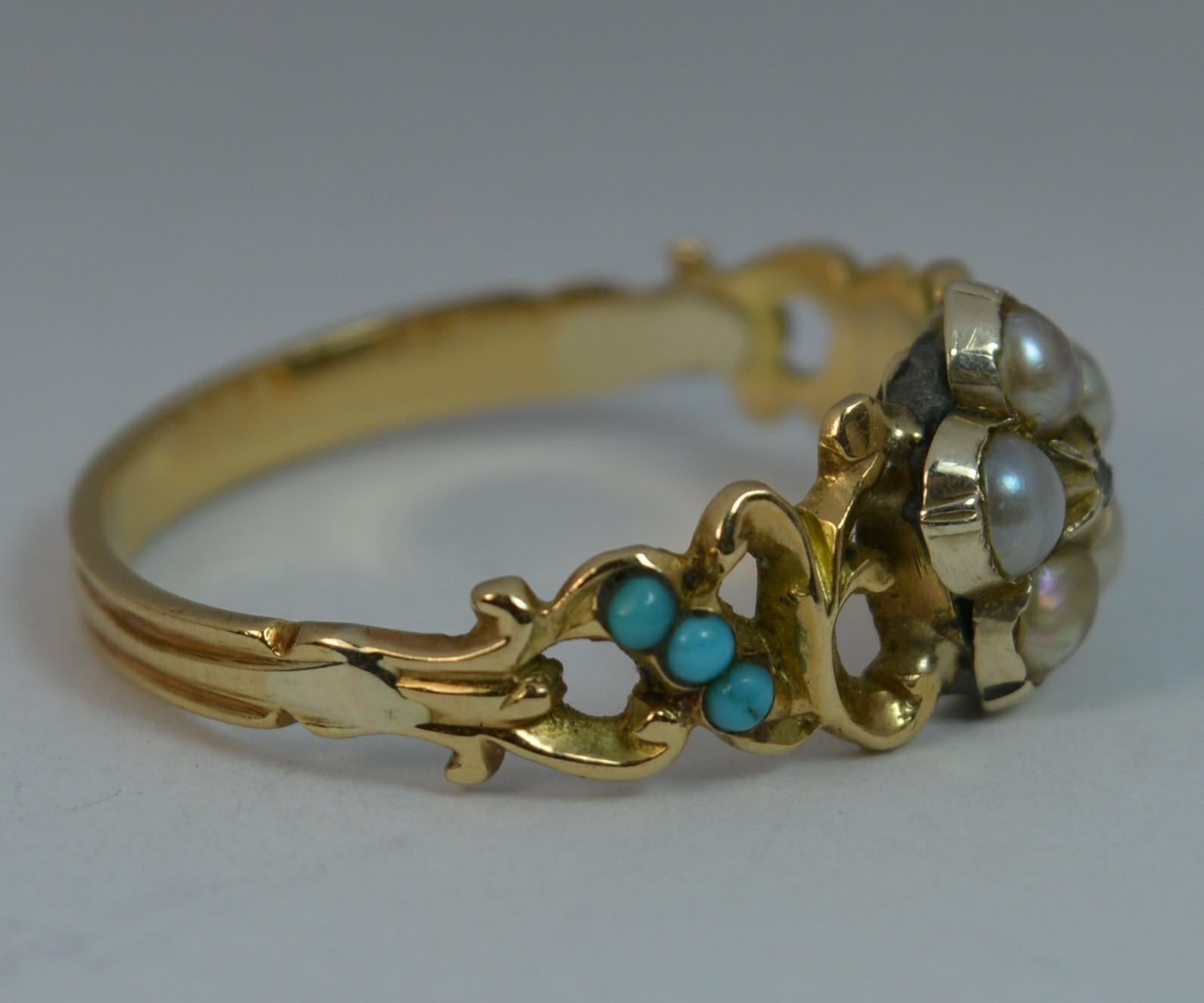 Georgian Forget Me Not Diamond Pearl and Turquoise 15 Carat Gold Ring 3