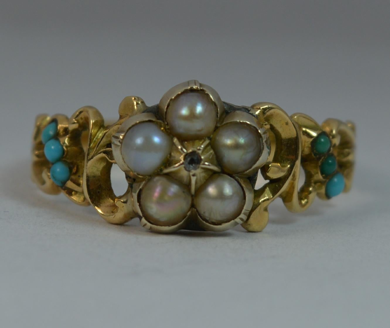 Georgian Forget Me Not Diamond Pearl and Turquoise 15 Carat Gold Ring 4