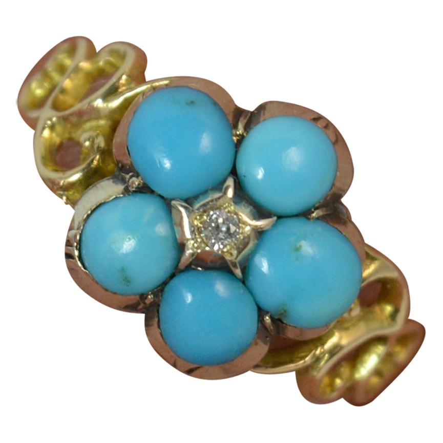 Georgian Forget Me Not Turquoise and Diamond 15 Carat Gold Ring