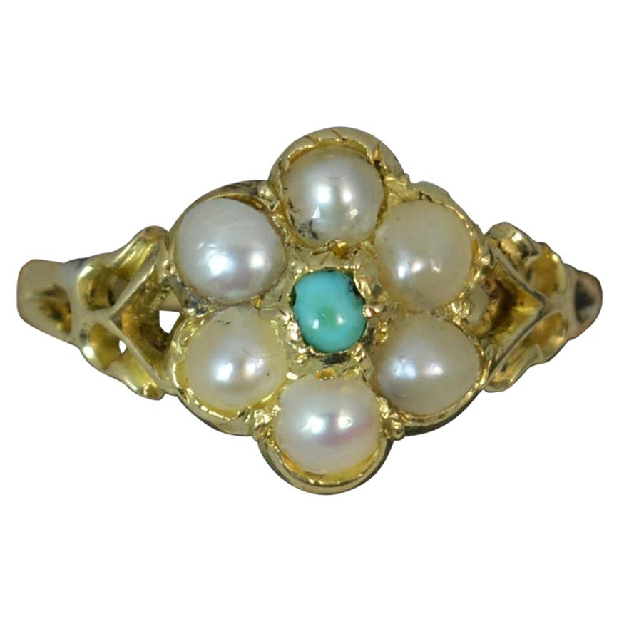 Georgian Forget Me Not Turquoise and Pearl 18 Carat Gold Ring