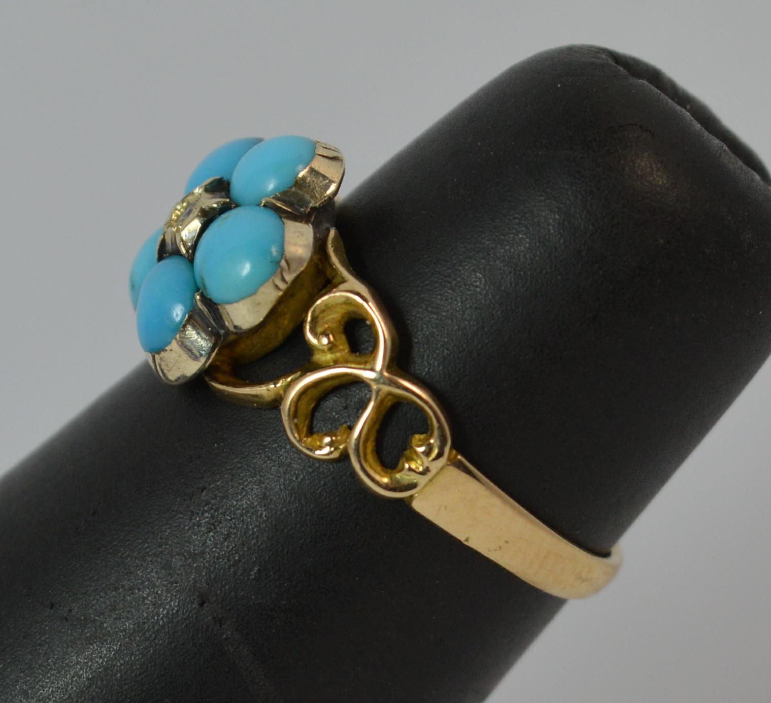 Georgian Forget Me Not Turquoise and Diamond 15 Carat Gold Ring 4
