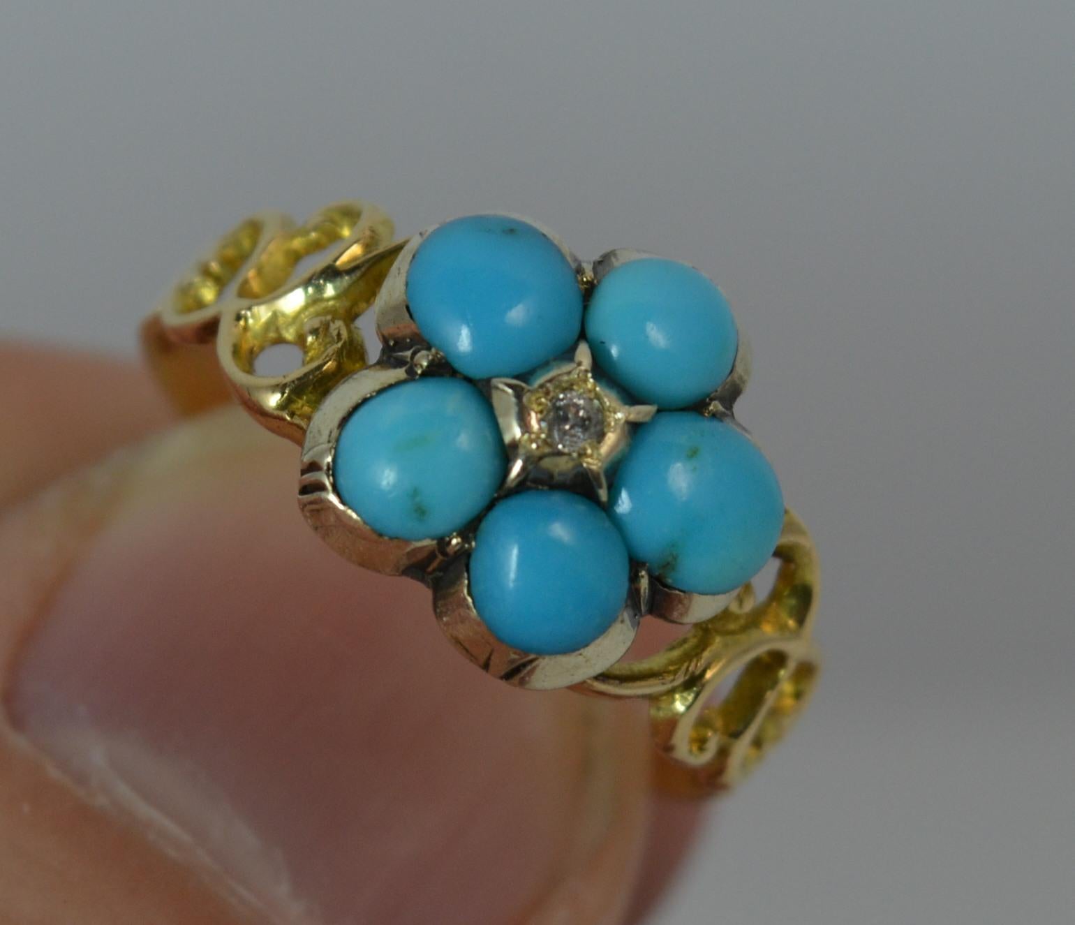 Georgian Forget Me Not Turquoise and Diamond 15 Carat Gold Ring In Good Condition In St Helens, GB