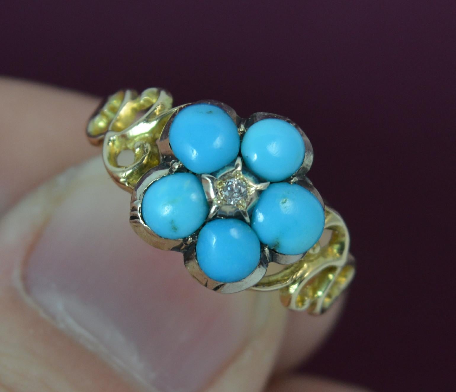 Women's Georgian Forget Me Not Turquoise and Diamond 15 Carat Gold Ring