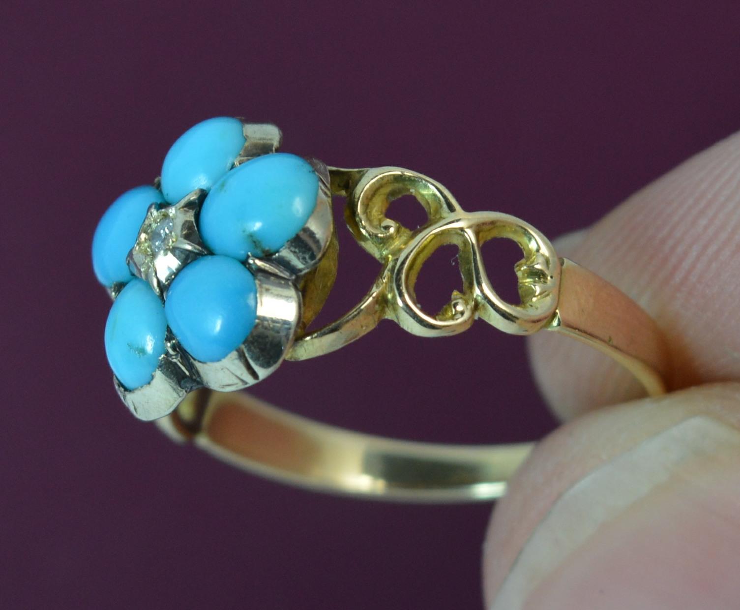 Georgian Forget Me Not Turquoise and Diamond 15 Carat Gold Ring 1