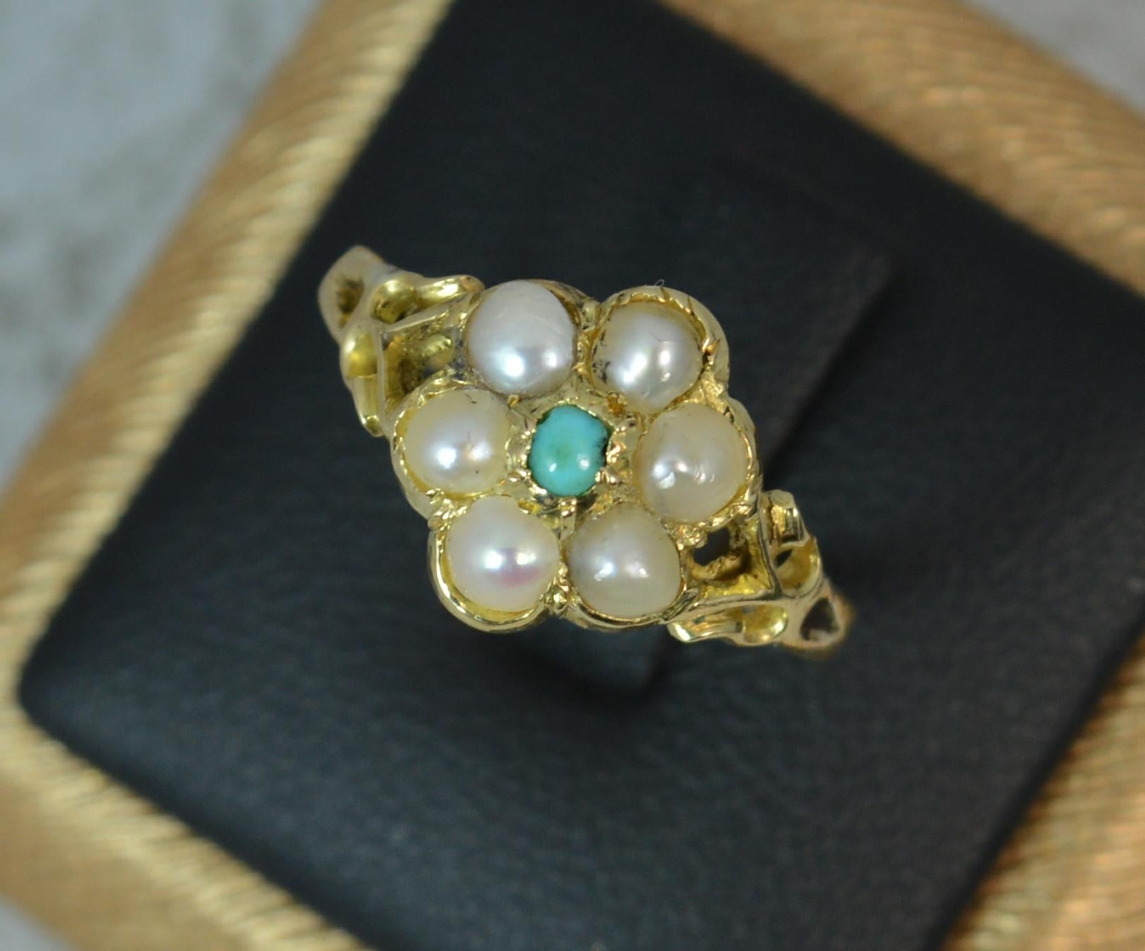 Georgian Forget Me Not Turquoise and Pearl 18 Carat Gold Ring 1
