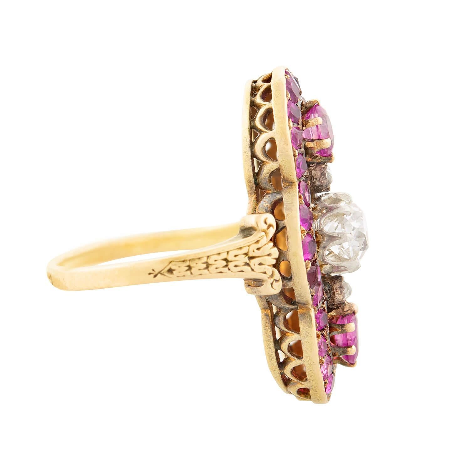 Old Mine Cut Georgian French 18k Ruby and Diamond Navette Ring For Sale