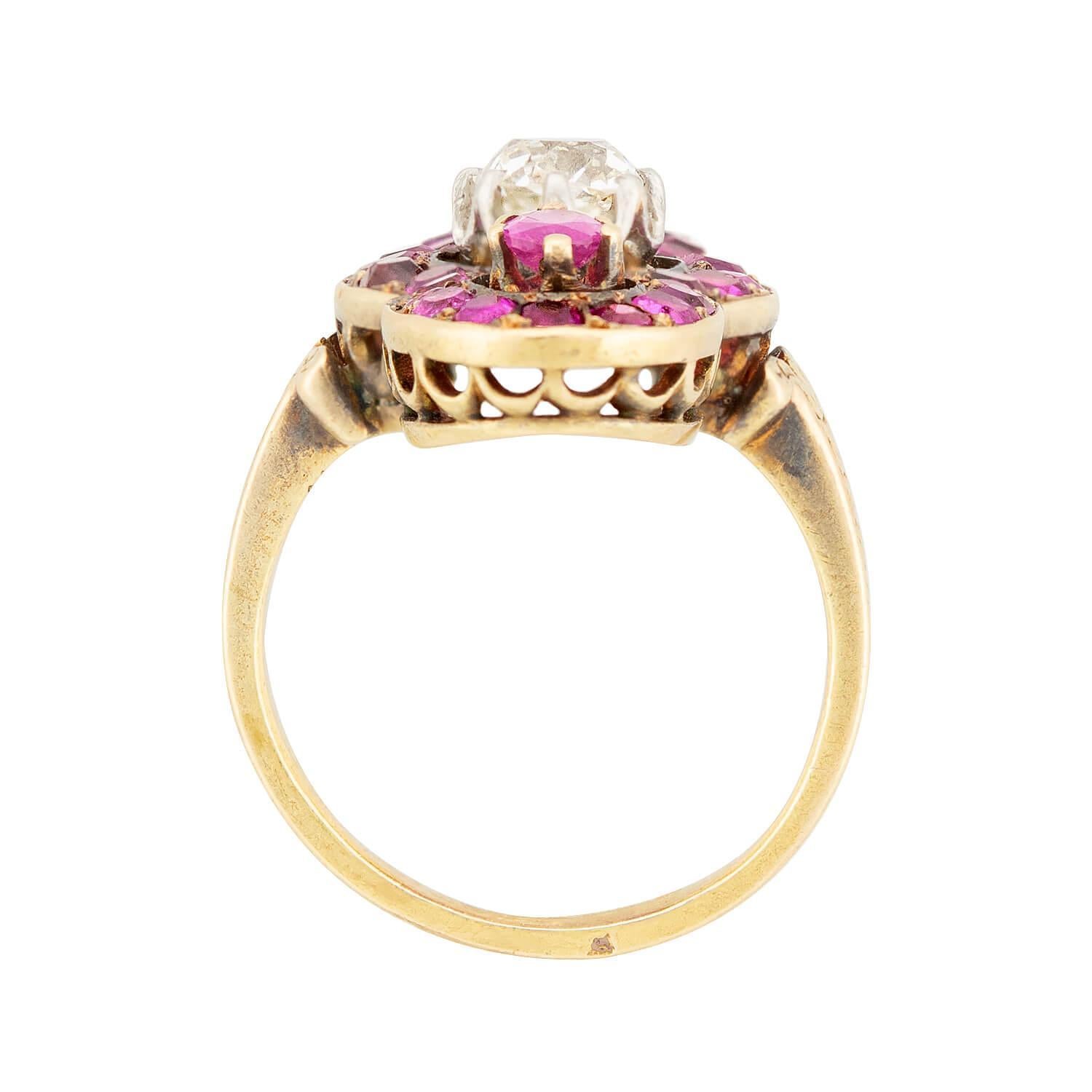 Georgian French 18k Ruby and Diamond Navette Ring In Good Condition For Sale In Narberth, PA