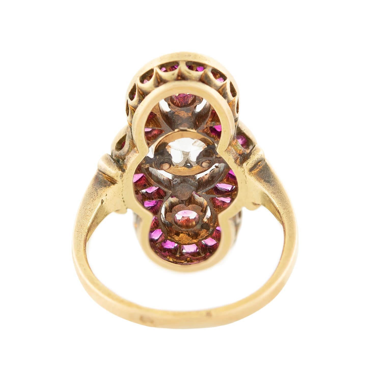 Women's Georgian French 18k Ruby and Diamond Navette Ring For Sale