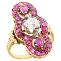 Georgianischer französischer Navette-Ring aus 18 Karat Rubin und Diamant