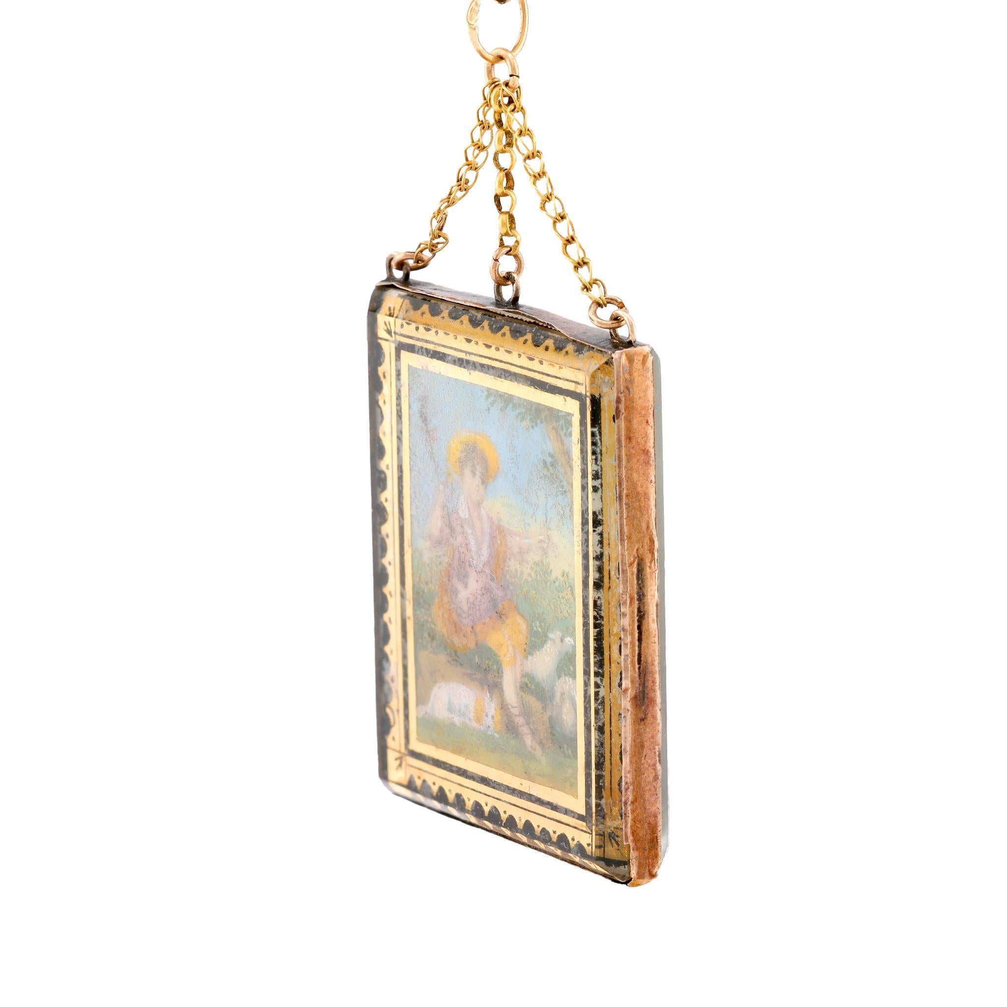Georgian French 18K Yellow Rose Gold Glass Pendant Necklace In Excellent Condition For Sale In Beverly Hills, CA