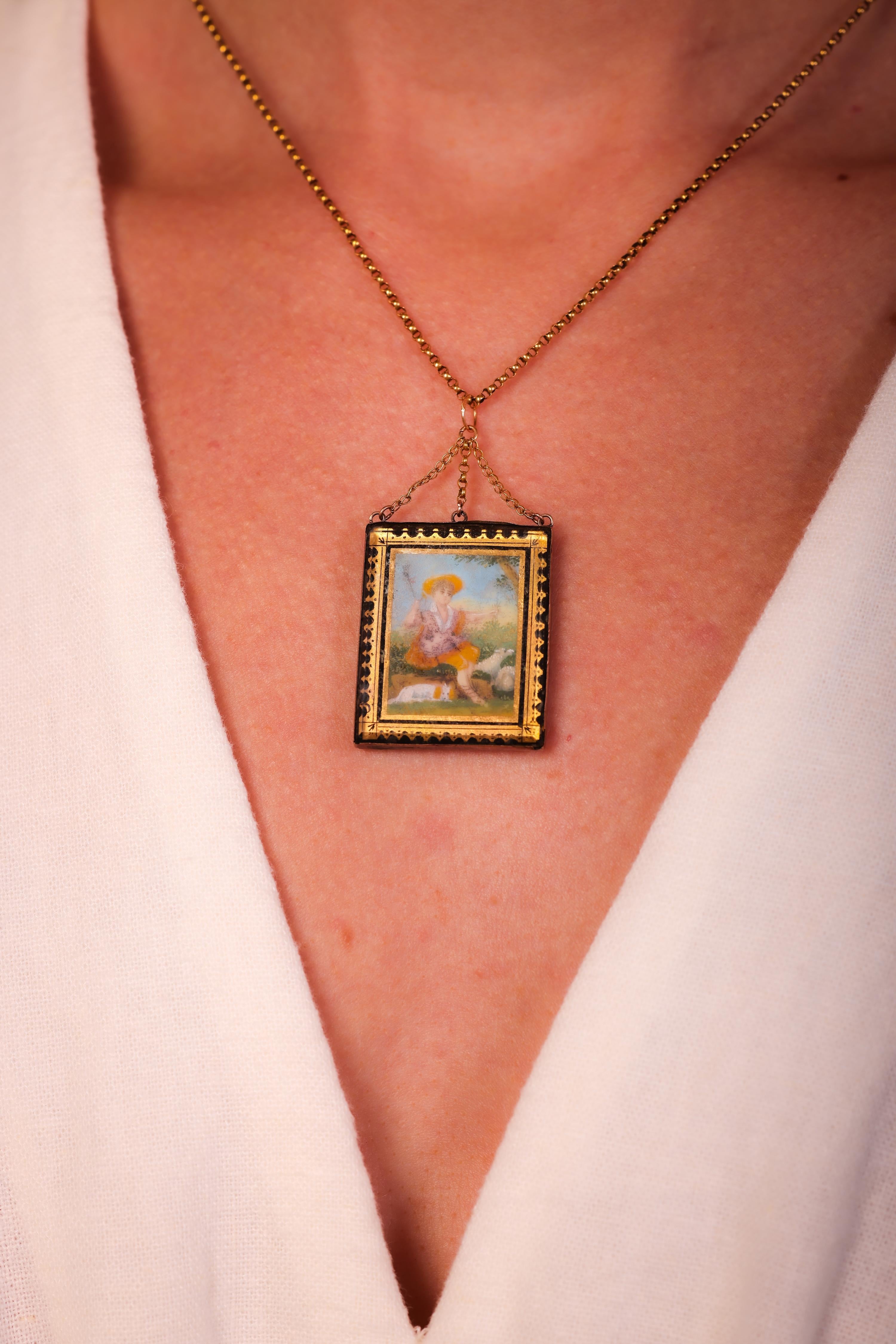 Women's or Men's Georgian French 18K Yellow Rose Gold Glass Pendant Necklace For Sale