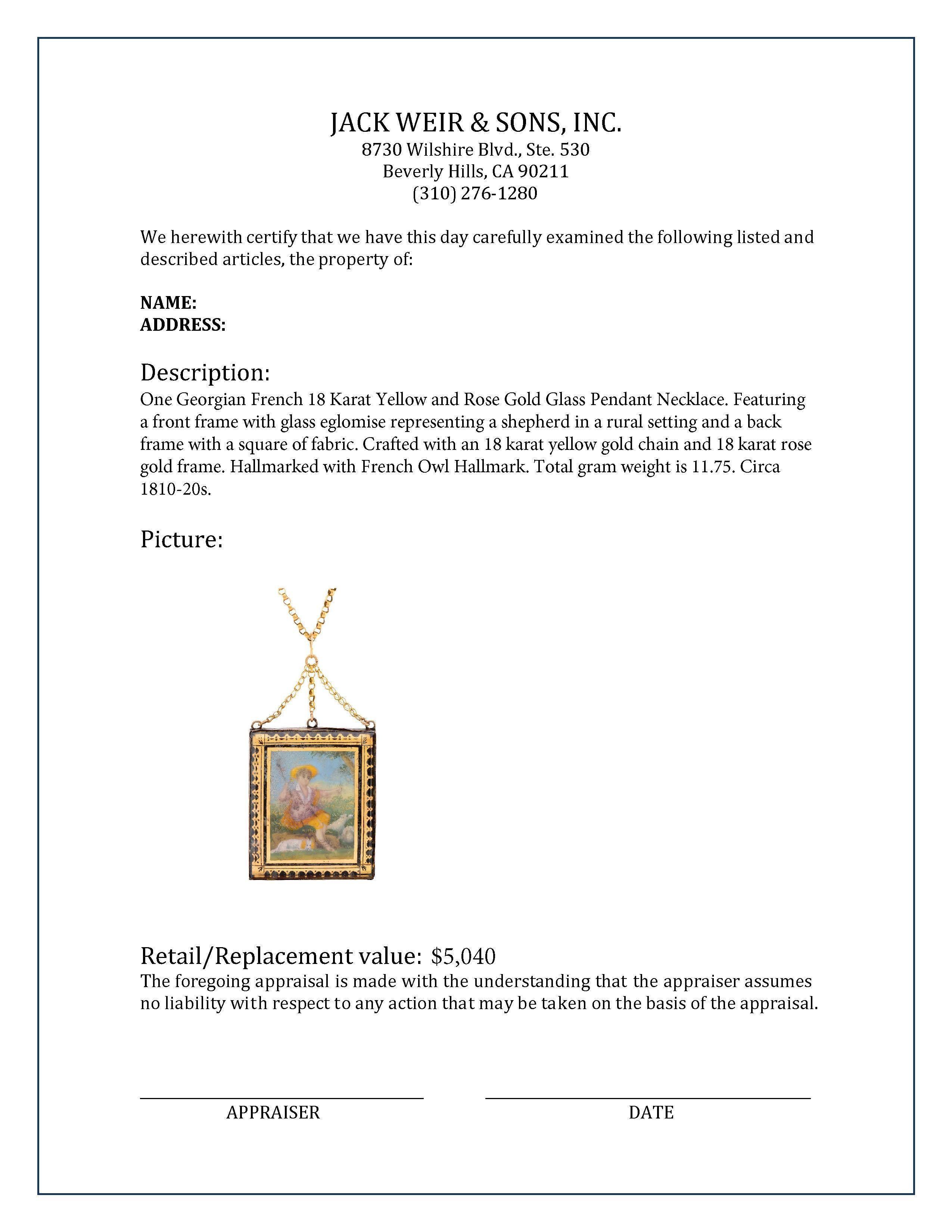 Georgian French 18K Yellow Rose Gold Glass Pendant Necklace For Sale 1