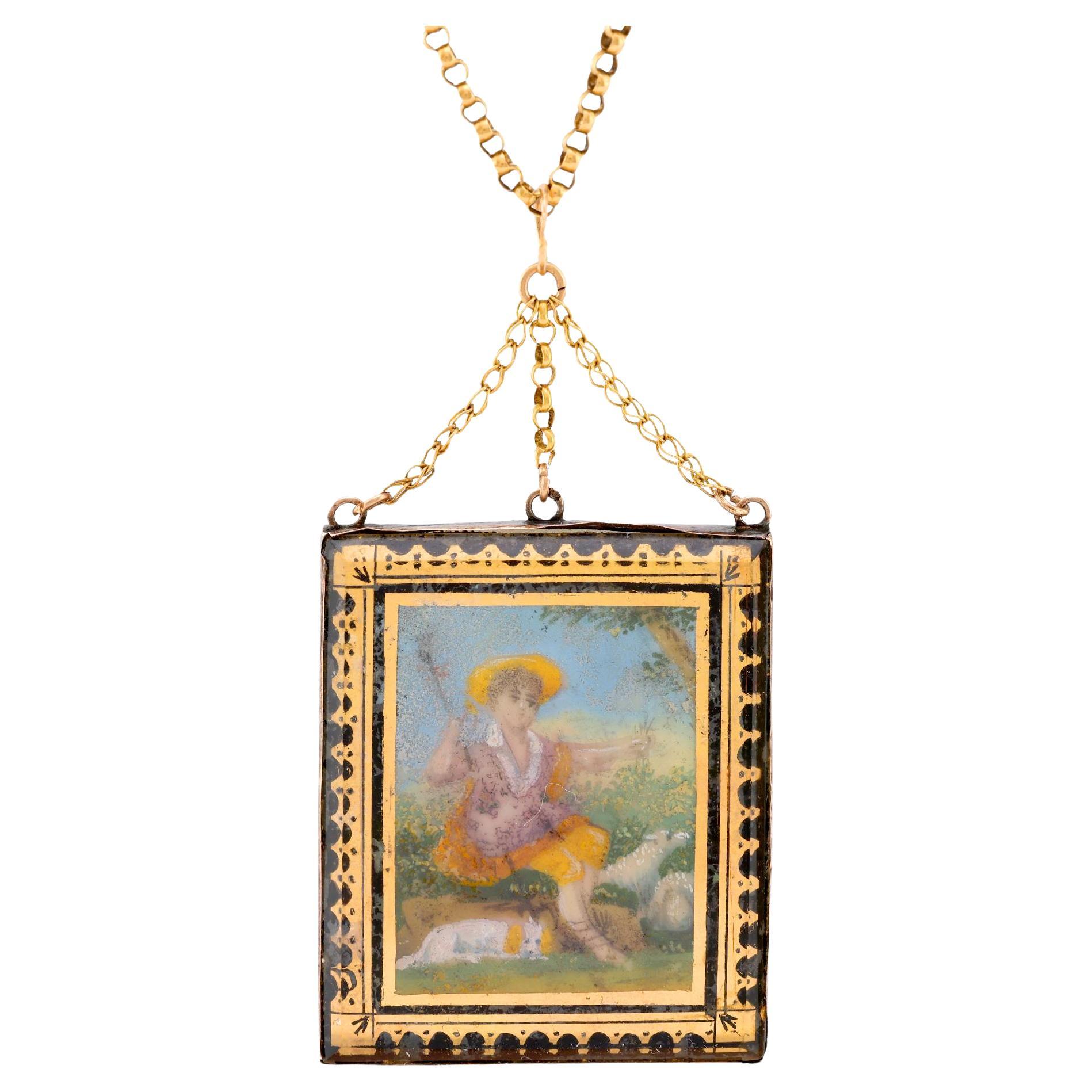 Georgian French 18K Yellow Rose Gold Glass Pendant Necklace