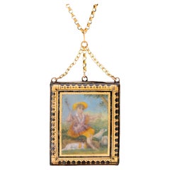 Georgian French 18K Yellow Rose Gold Glass Pendant Necklace