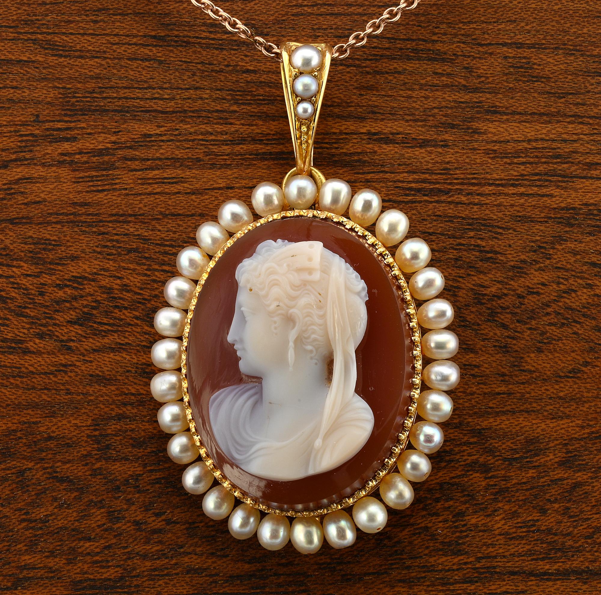 Georgien Pendentif Géorgien Français Cornaline Camée Perle 18 Kt en vente