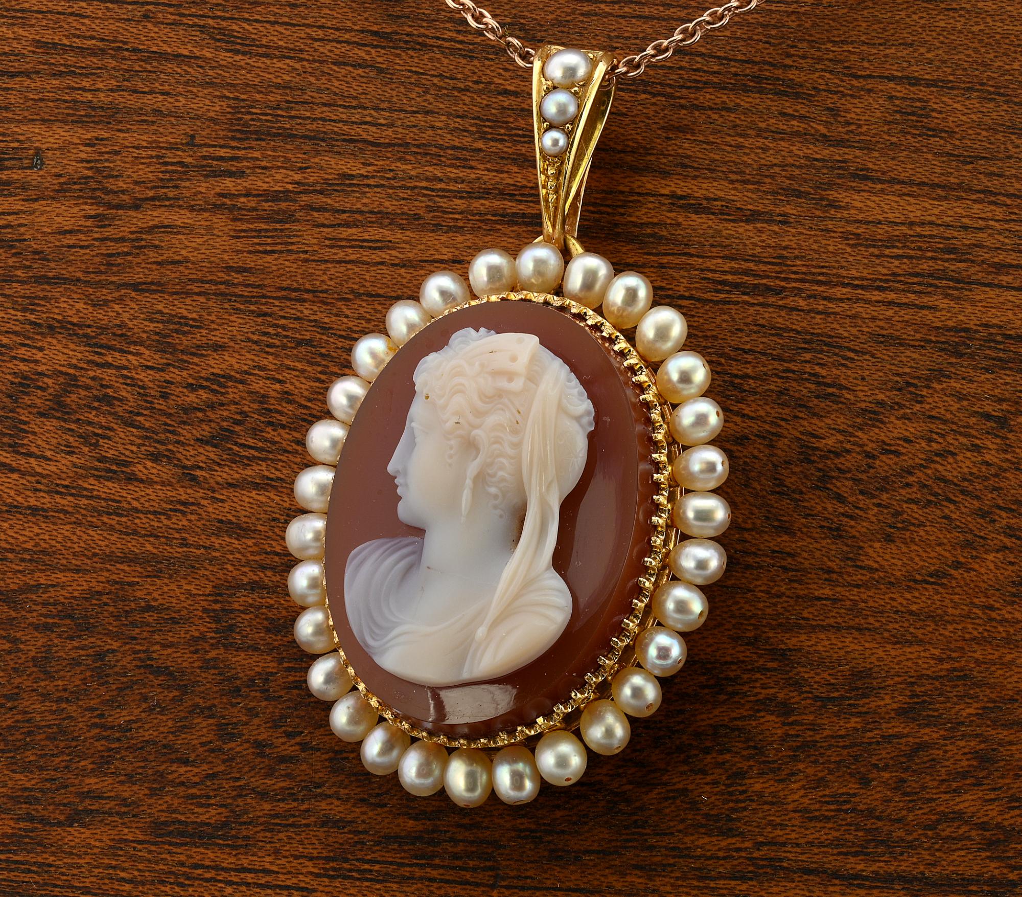 Pendentif Géorgien Français Cornaline Camée Perle 18 Kt en vente 1