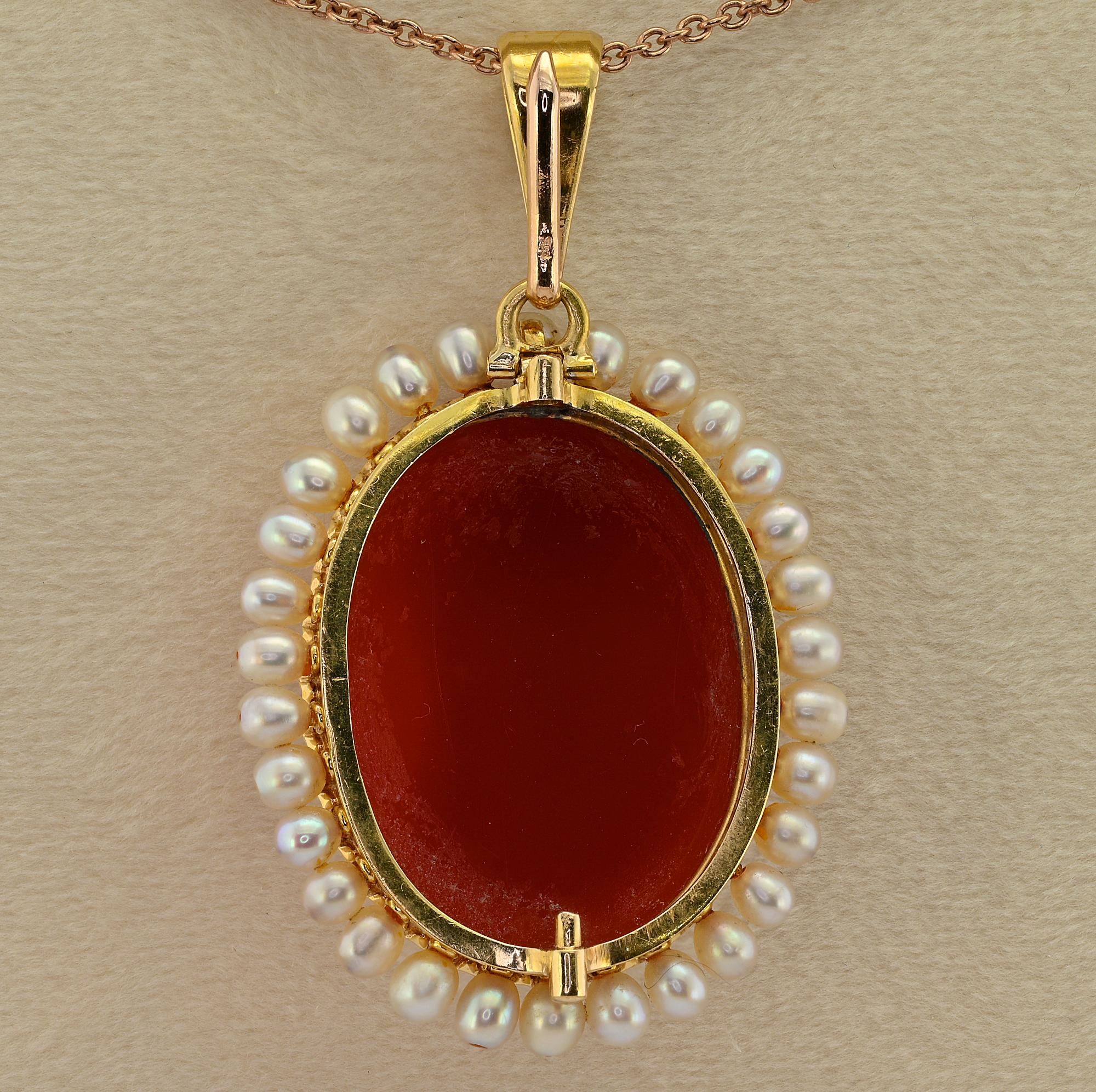 Pendentif Géorgien Français Cornaline Camée Perle 18 Kt en vente 2