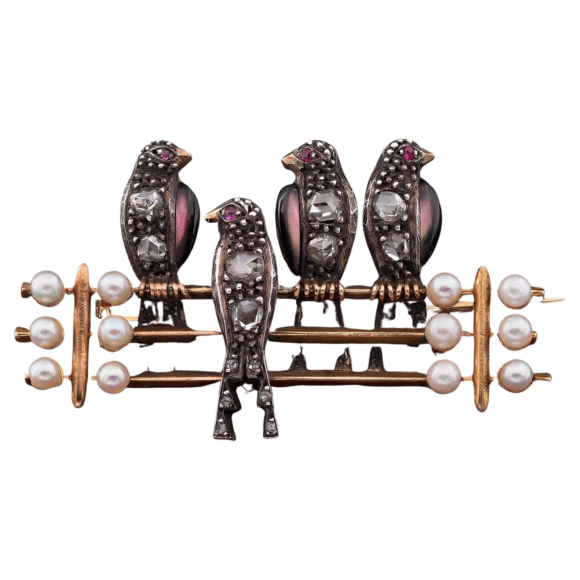 Georgian French Pearl Diamond Novelty Swallow Brooch  For Sale