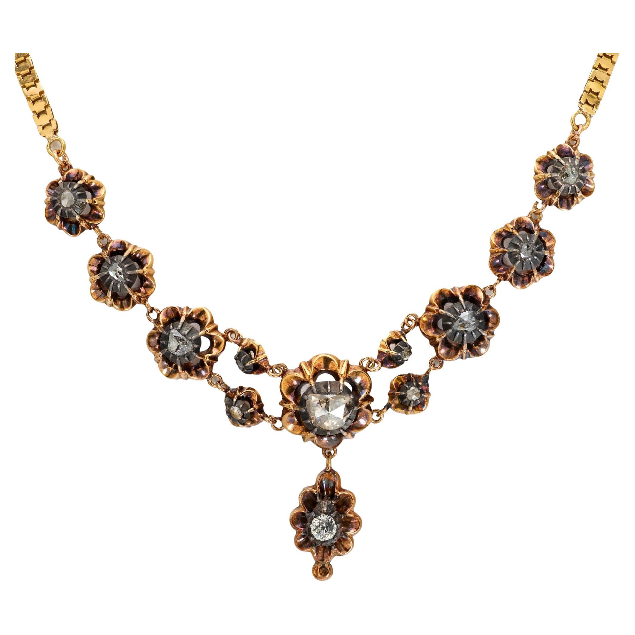 Collar francés georgiano de plata con diamante talla rosa y oro amarillo de 18 quilates