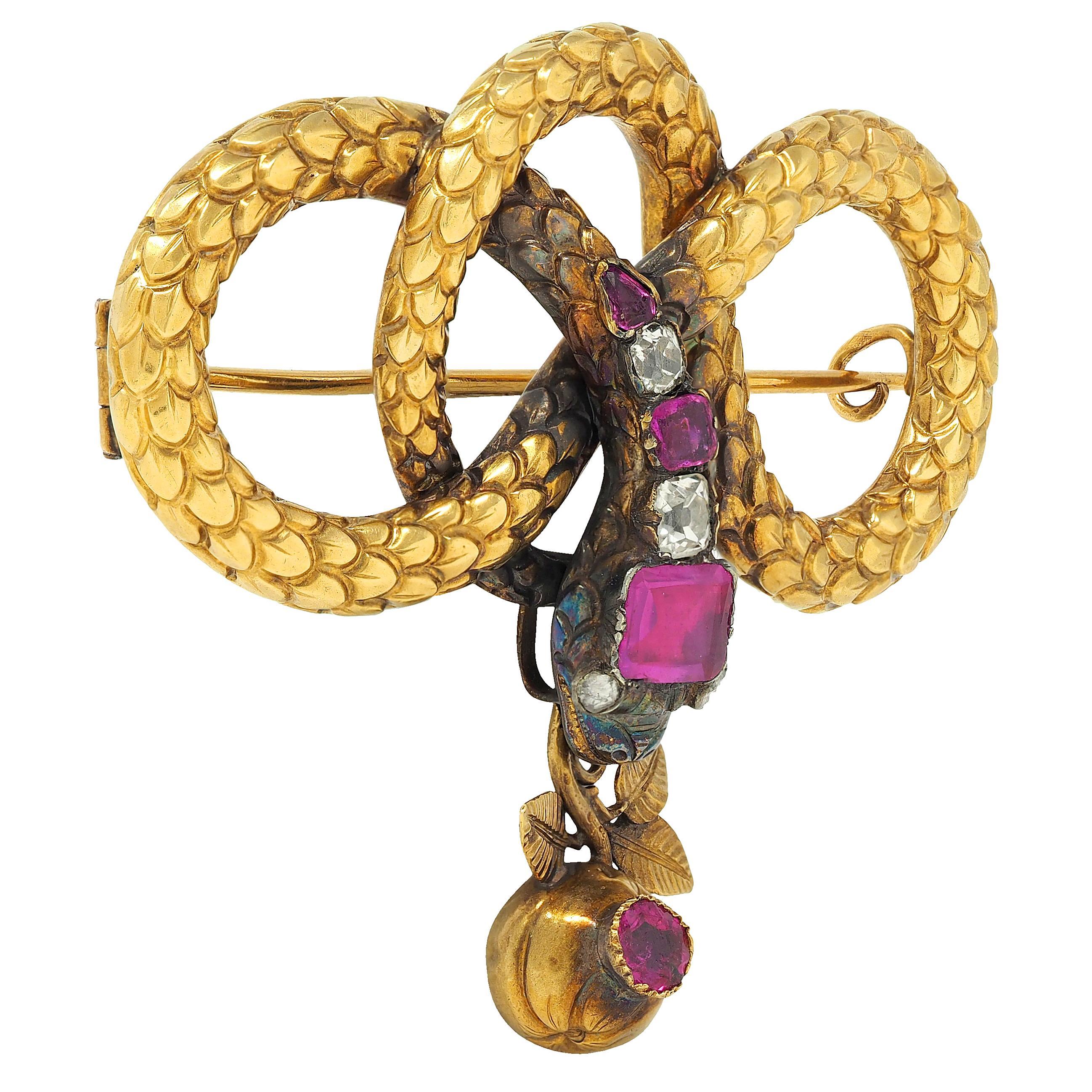 Broche georgiano francés de oro amarillo de 18 quilates con diamantes y rubíes Antiguo nudo de serpiente Georgiano en venta