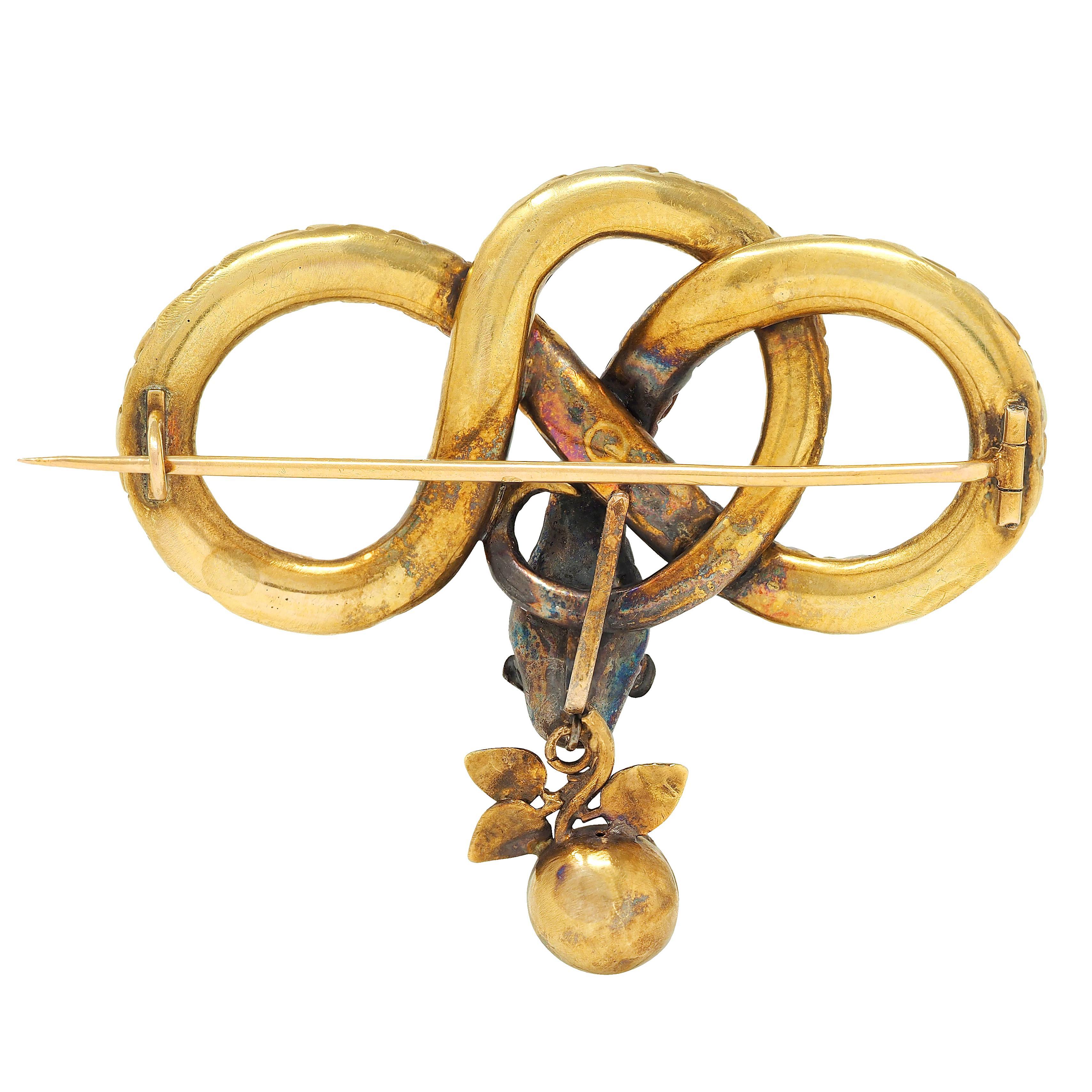 Broche georgiano francés de oro amarillo de 18 quilates con diamantes y rubíes Antiguo nudo de serpiente Corte mixto en venta