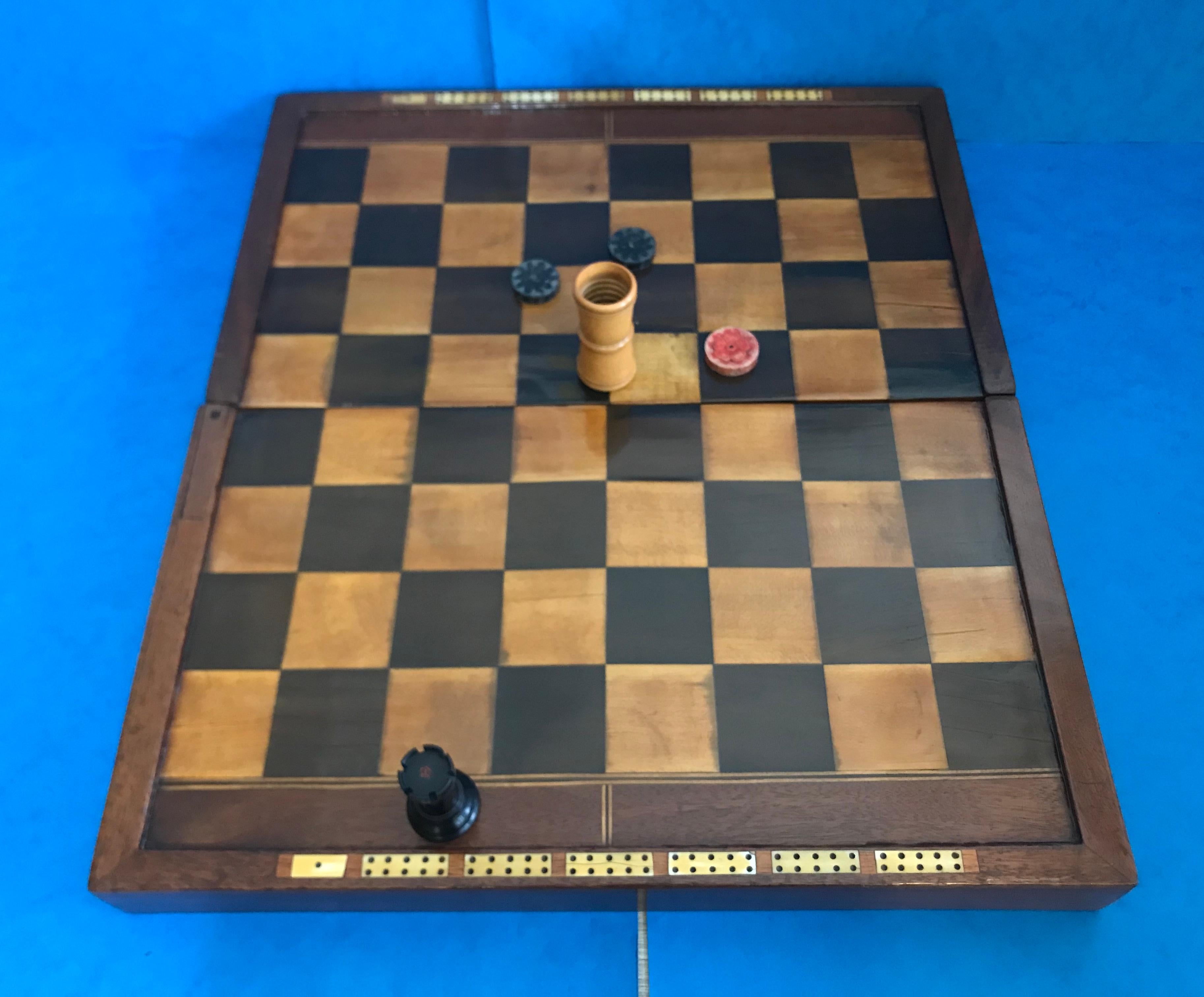 English Georgian Games Box, Complete with a ‘Stalton’ Chess and Soapstone Backgammon Set