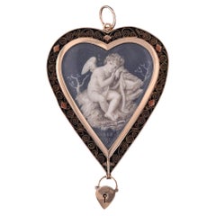 Georgian Garde Vous Cherub Locket Pendant of 17k Gold and Painted Sepia