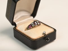 Georgian Garnet and Diamond Ring. 15K Yellow Gold Engagement Engraved Detailing