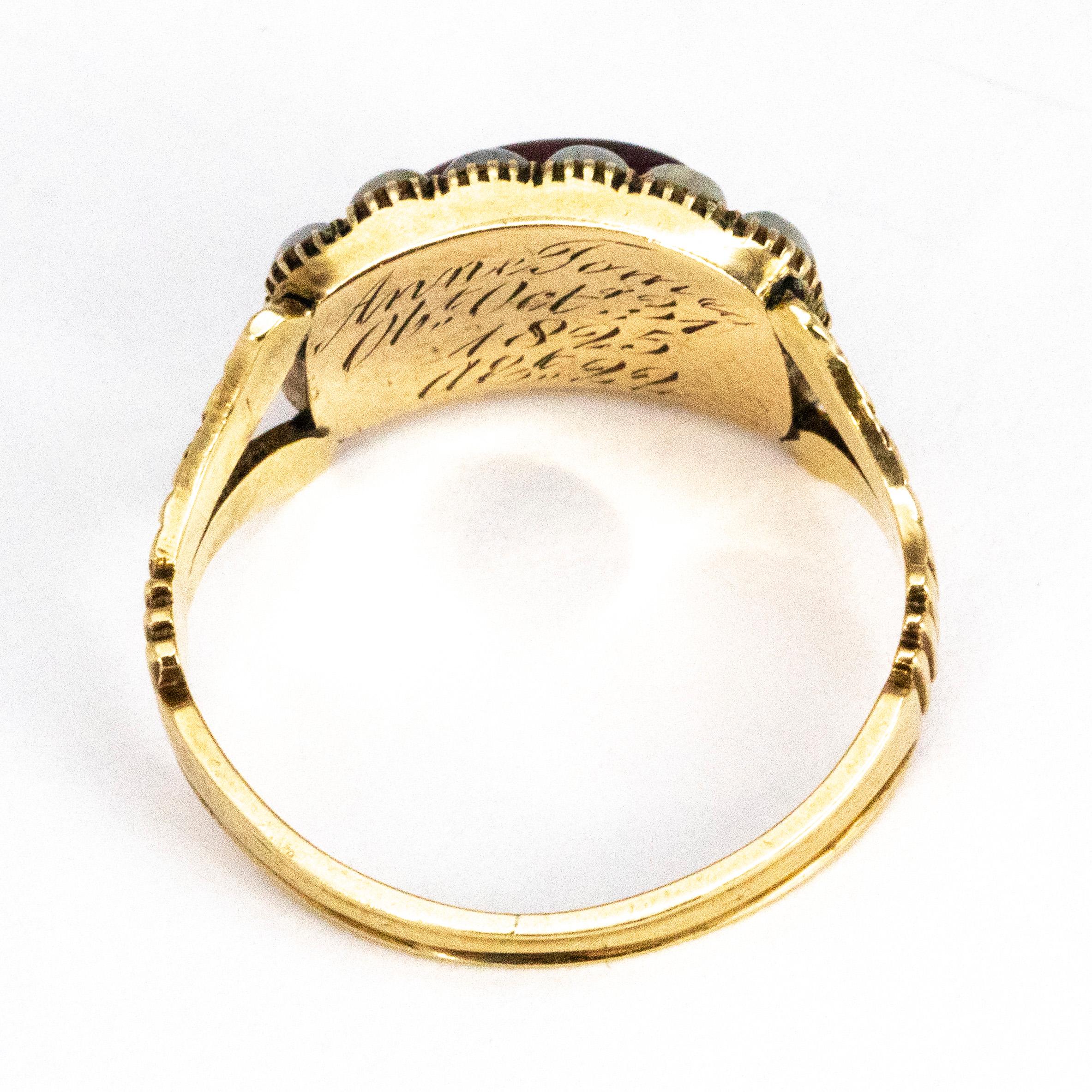 Women's or Men's Georgian Garnet and Pearl Yellow Gold Mourning Ring