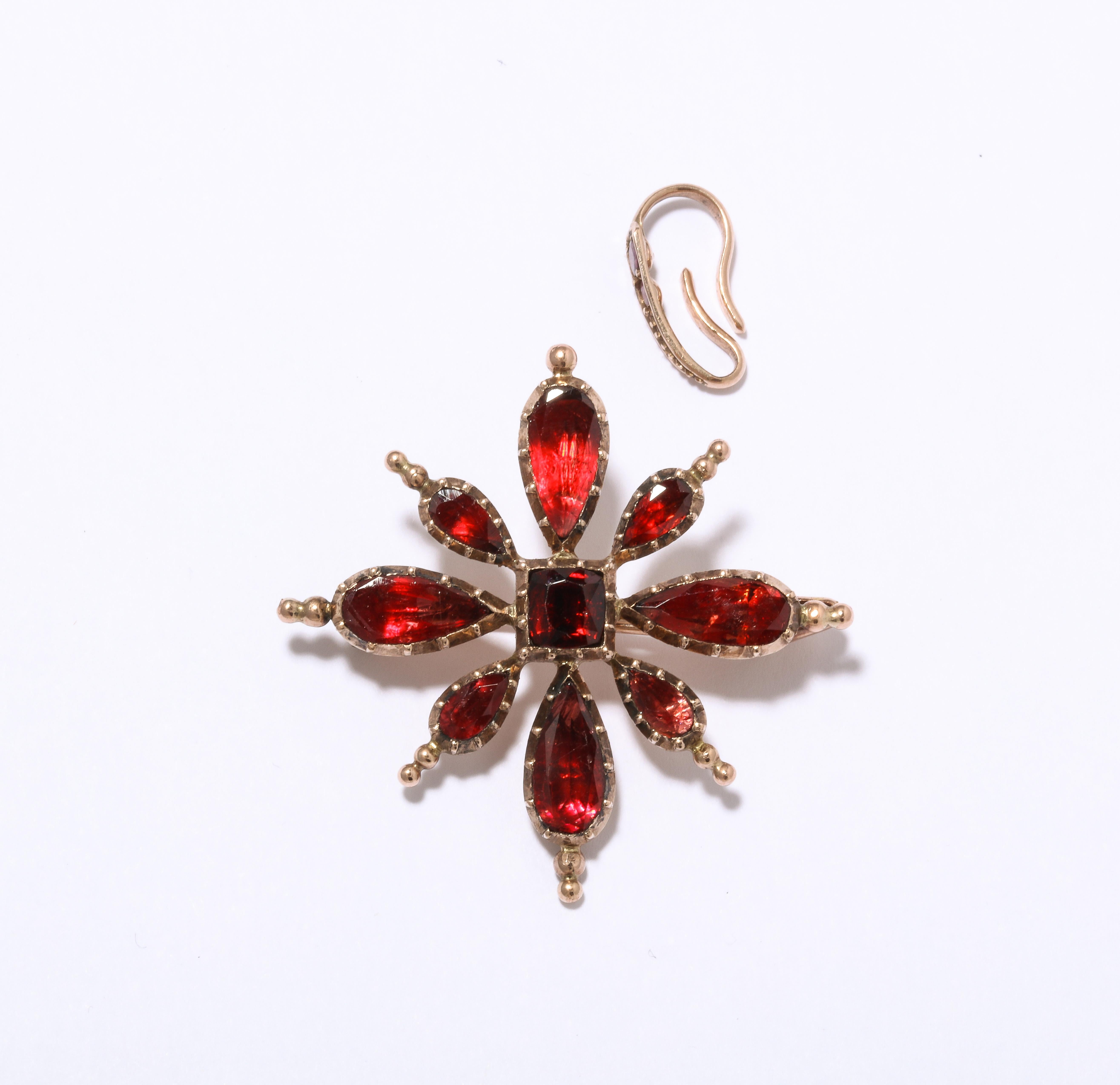 George III GeorgIan Garnet Flat Cut Snowflake/Cross Pendant or Brooch For Sale