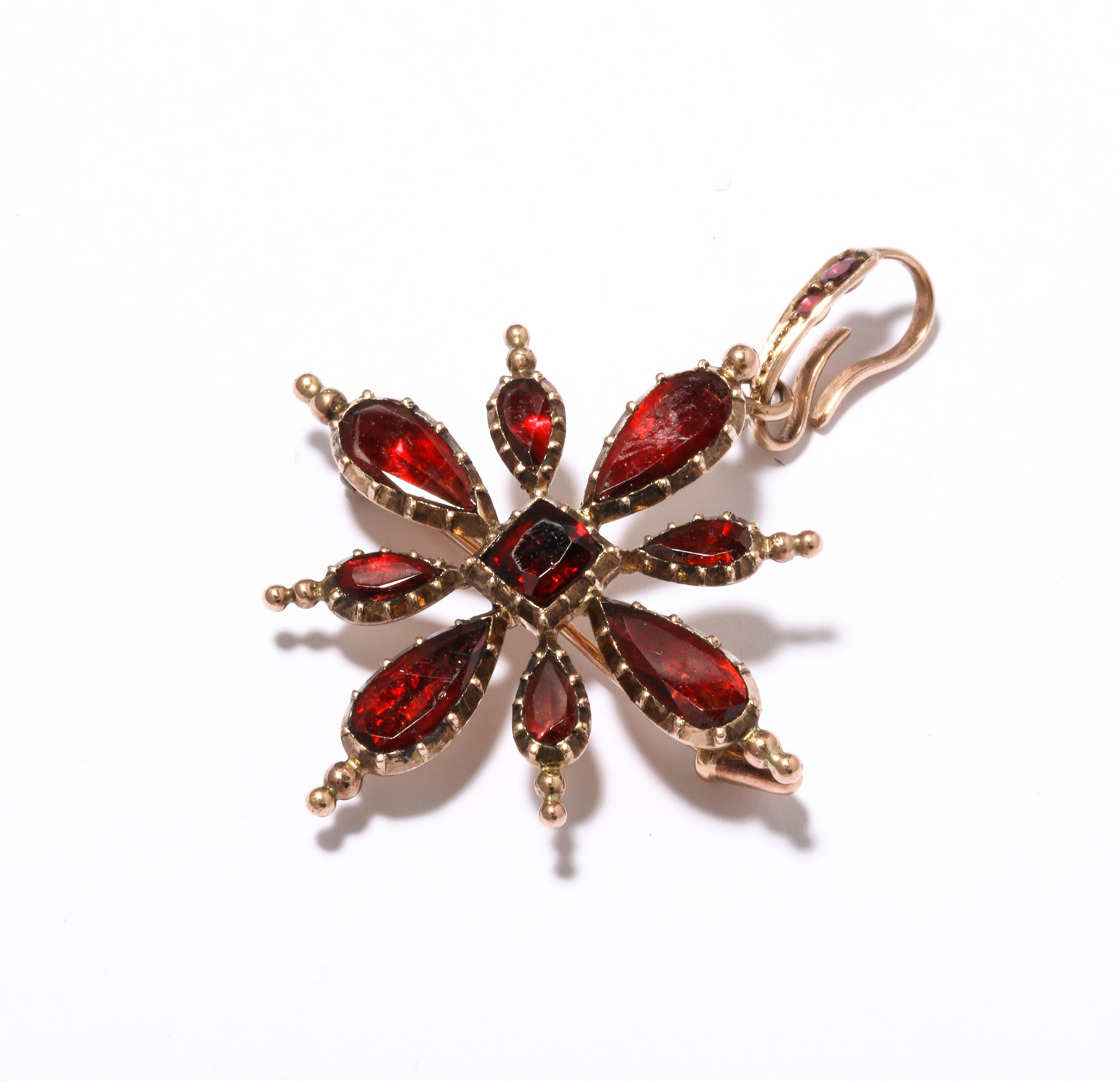 GeorgIan Garnet Flat Cut Snowflake/Cross Pendant or Brooch In Excellent Condition For Sale In Stamford, CT