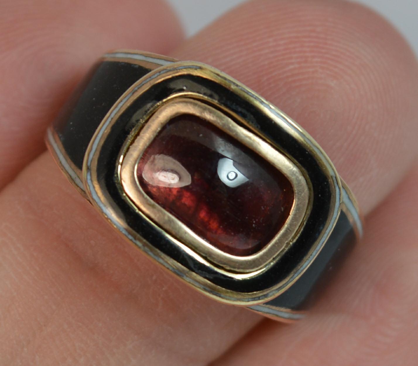 George III Georgian Garnet Foiled Cabochon and Full Enamel Mourning Signet Ring