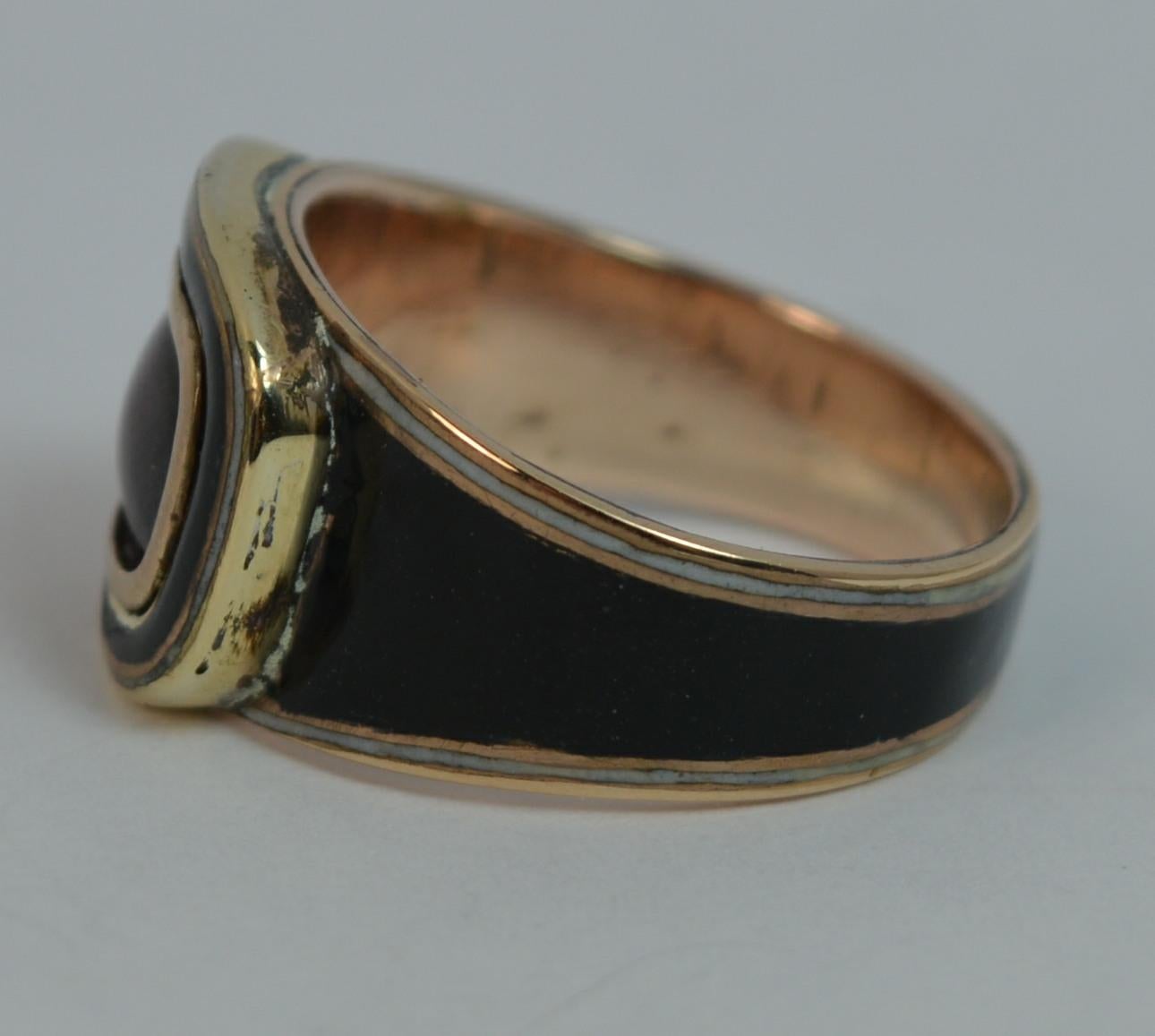 Georgian Garnet Foiled Cabochon and Full Enamel Mourning Signet Ring 1
