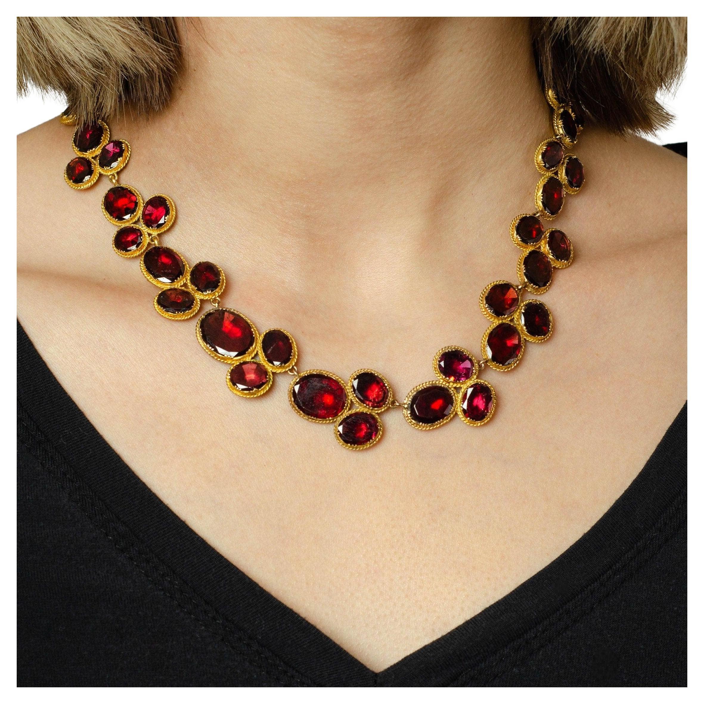 Georgian Garnet Riviere Necklace of 14k Gold