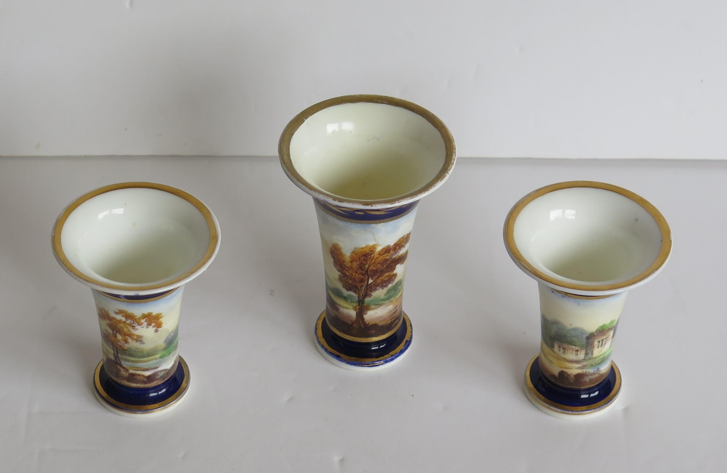 English Georgian Set of 3 Miniature Vases Porcelain Hand Painted Scenes,  Circa 1820 For Sale
