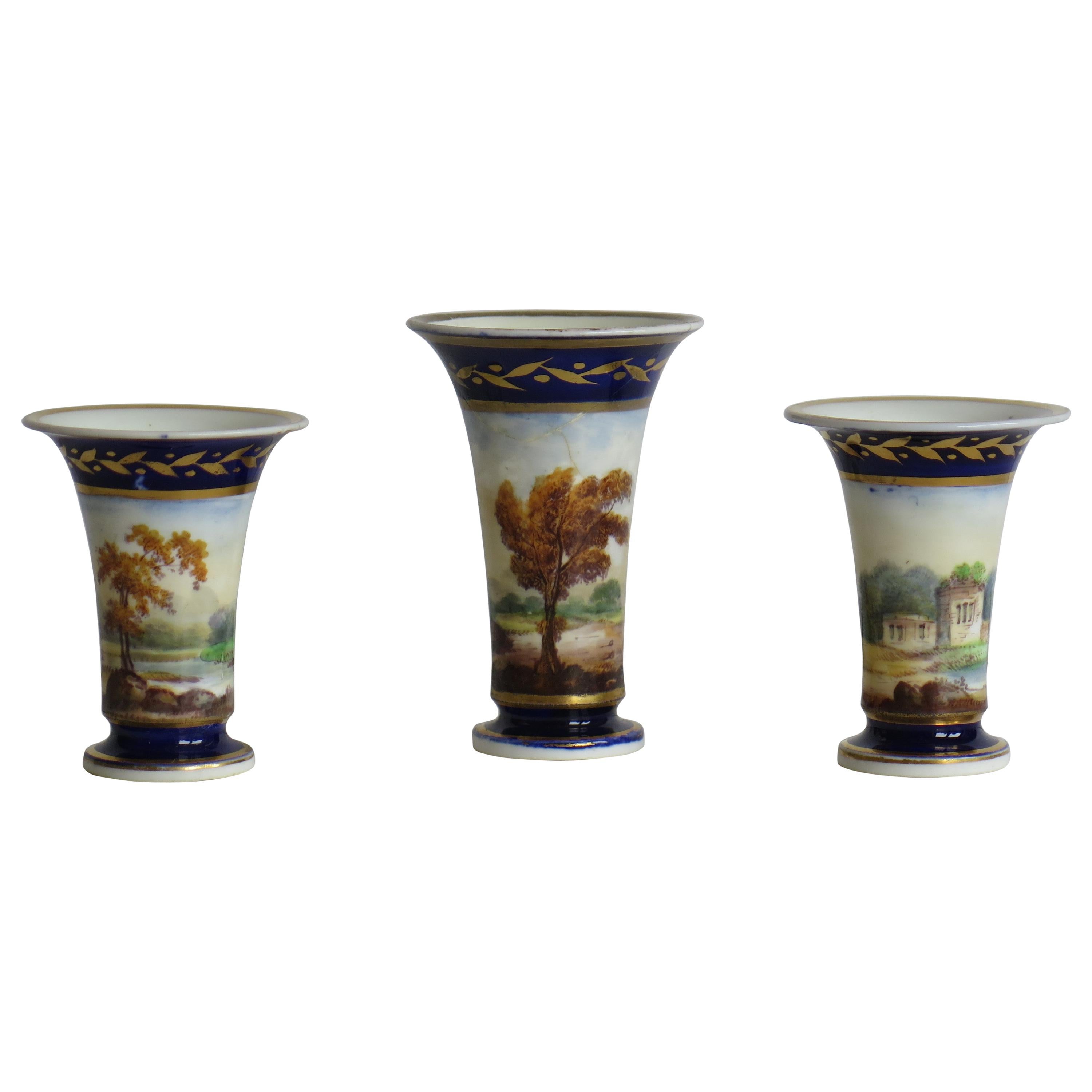 Georgian Set of 3 Miniature Vases Porcelain Hand Painted Scenes,  Circa 1820