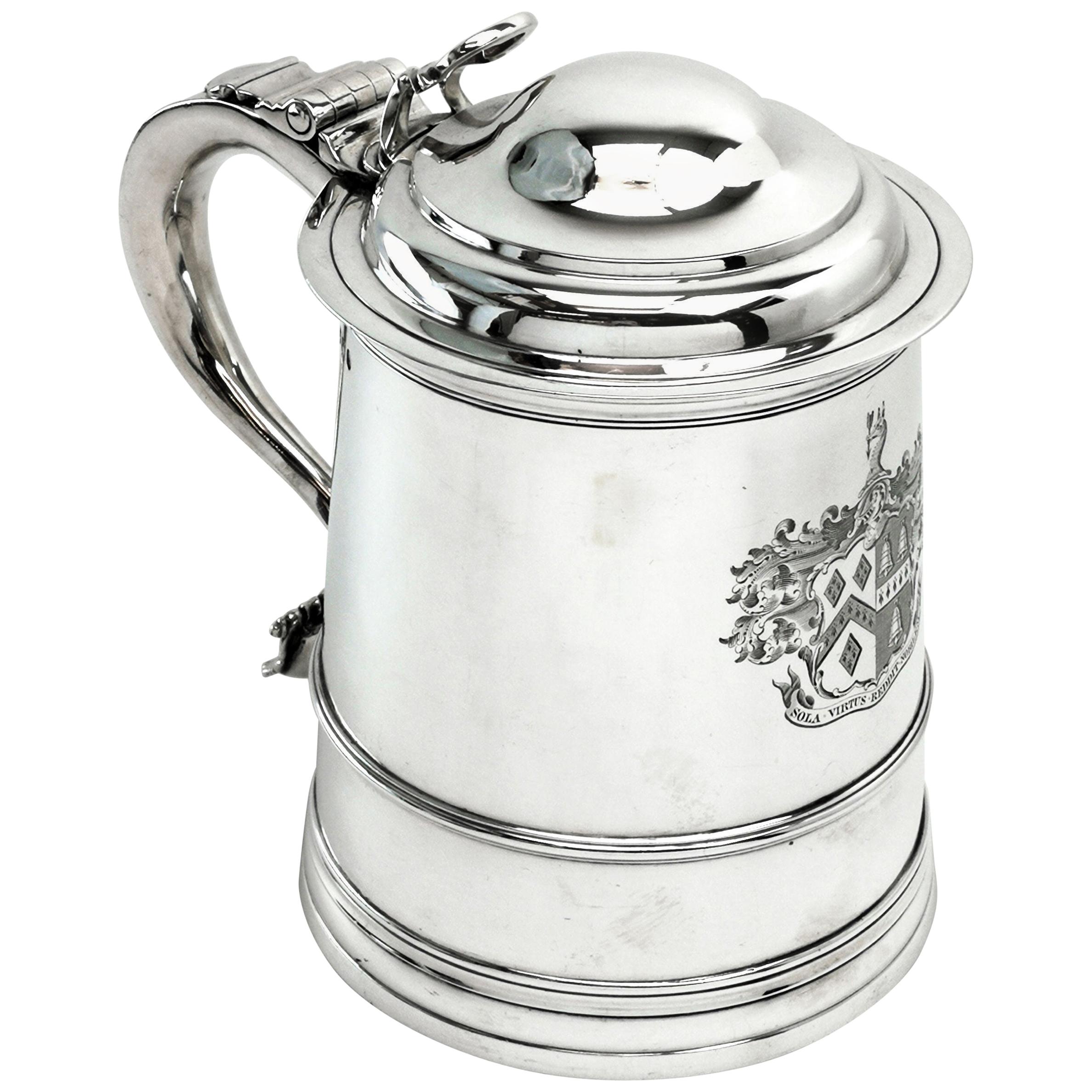 Georgian George III Antique Silver Lidded Tankard / Beer Mug, 1805