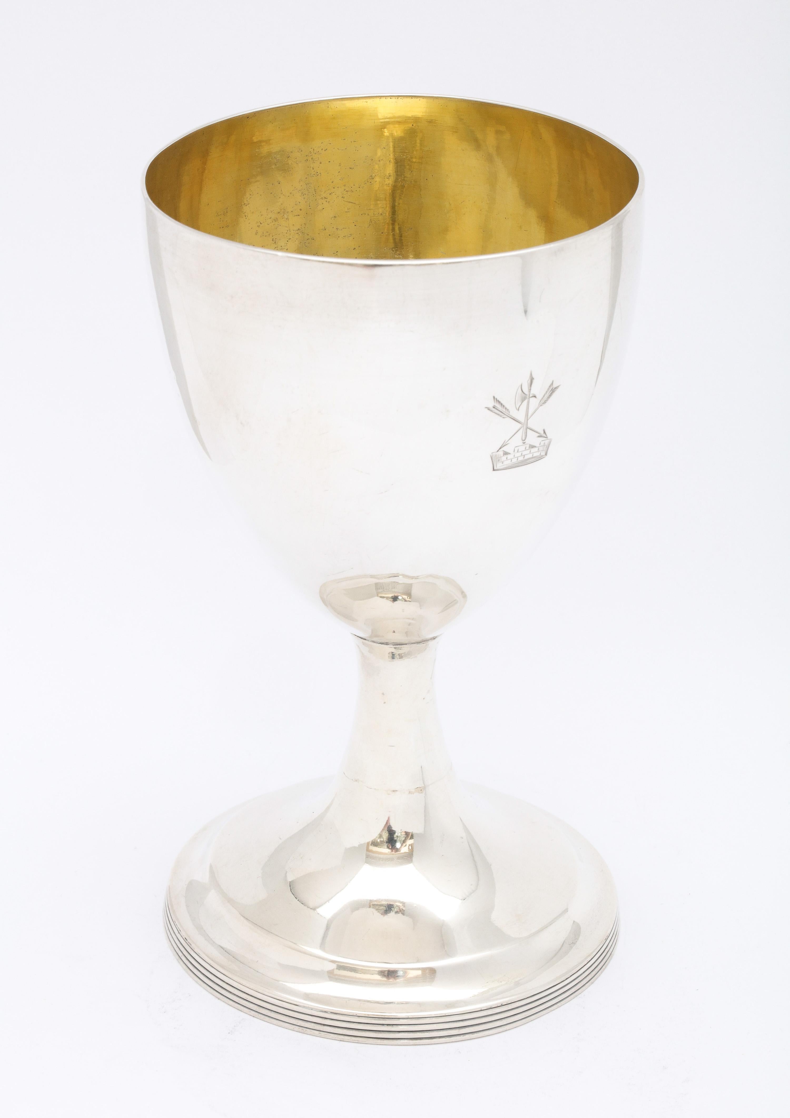 Georgian (George III), sterling silver goblet, Dublin, year - hallmarked for 1792, Joseph Jackson - maker. Measures 6 inches high x 3 1/2 inches diameter across opening x 3 1/2 inches diameter across base. Interior is gilded. Weighs 7.130 troy