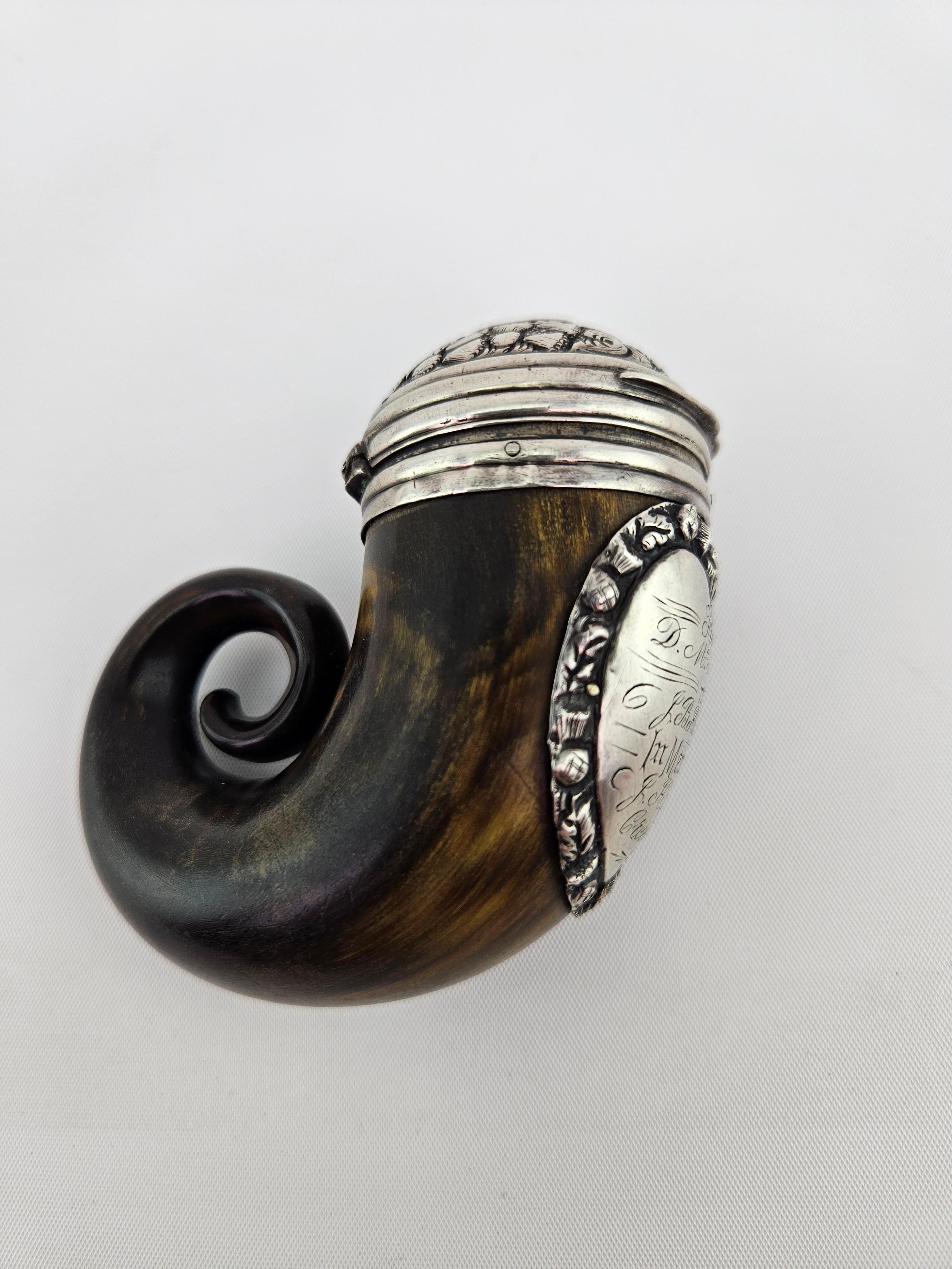 Georgian (George III), sterling silver-mounted (unmarked, but tested) ram's horn snuff mull, the hinged lid having a central cairngorm stone, Scotland, circa 1790-1810. Sterling silver mount is etched with Scottish thistles. 