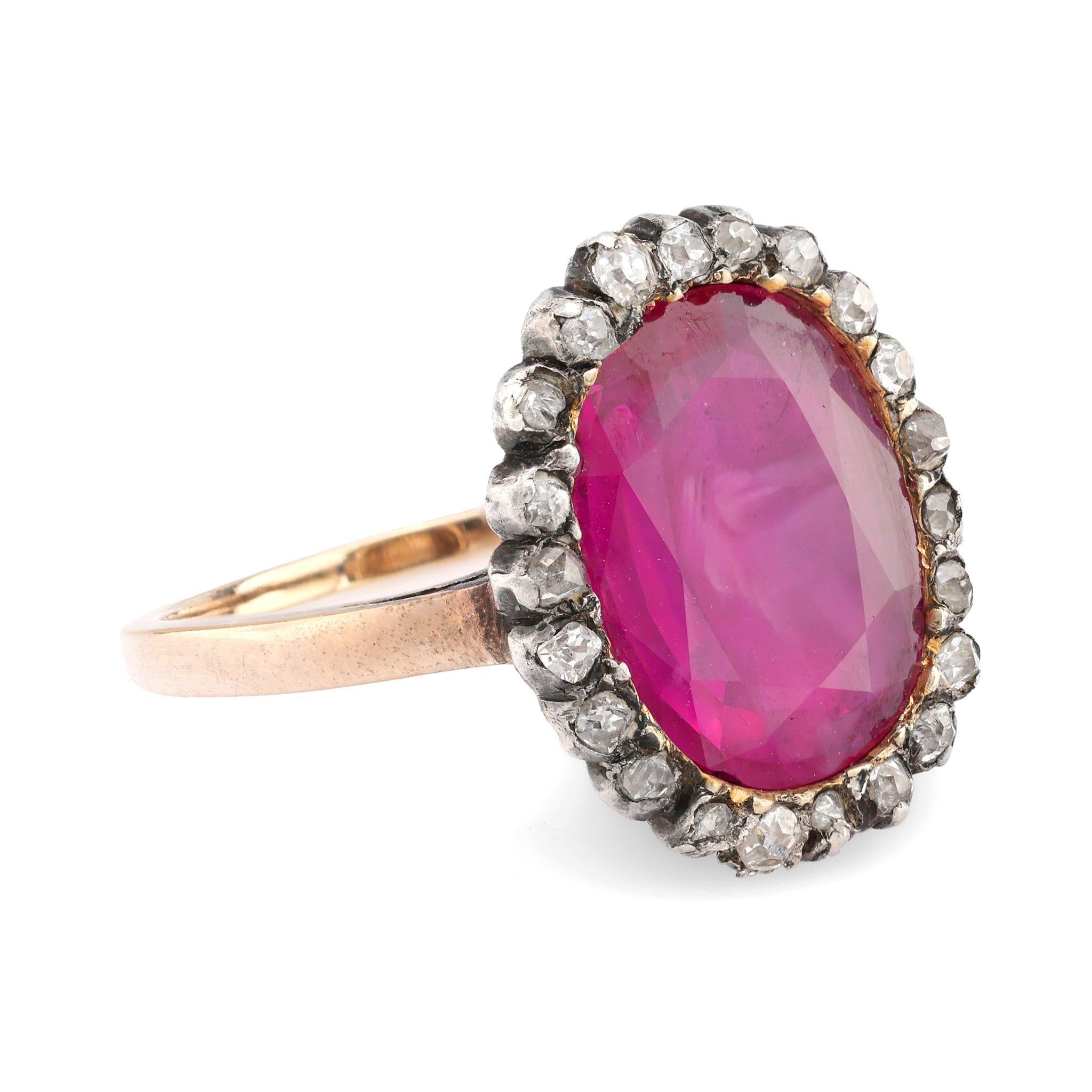 Oval Cut Georgian GIA 4 carat Burma no heat ruby diamond ring For Sale