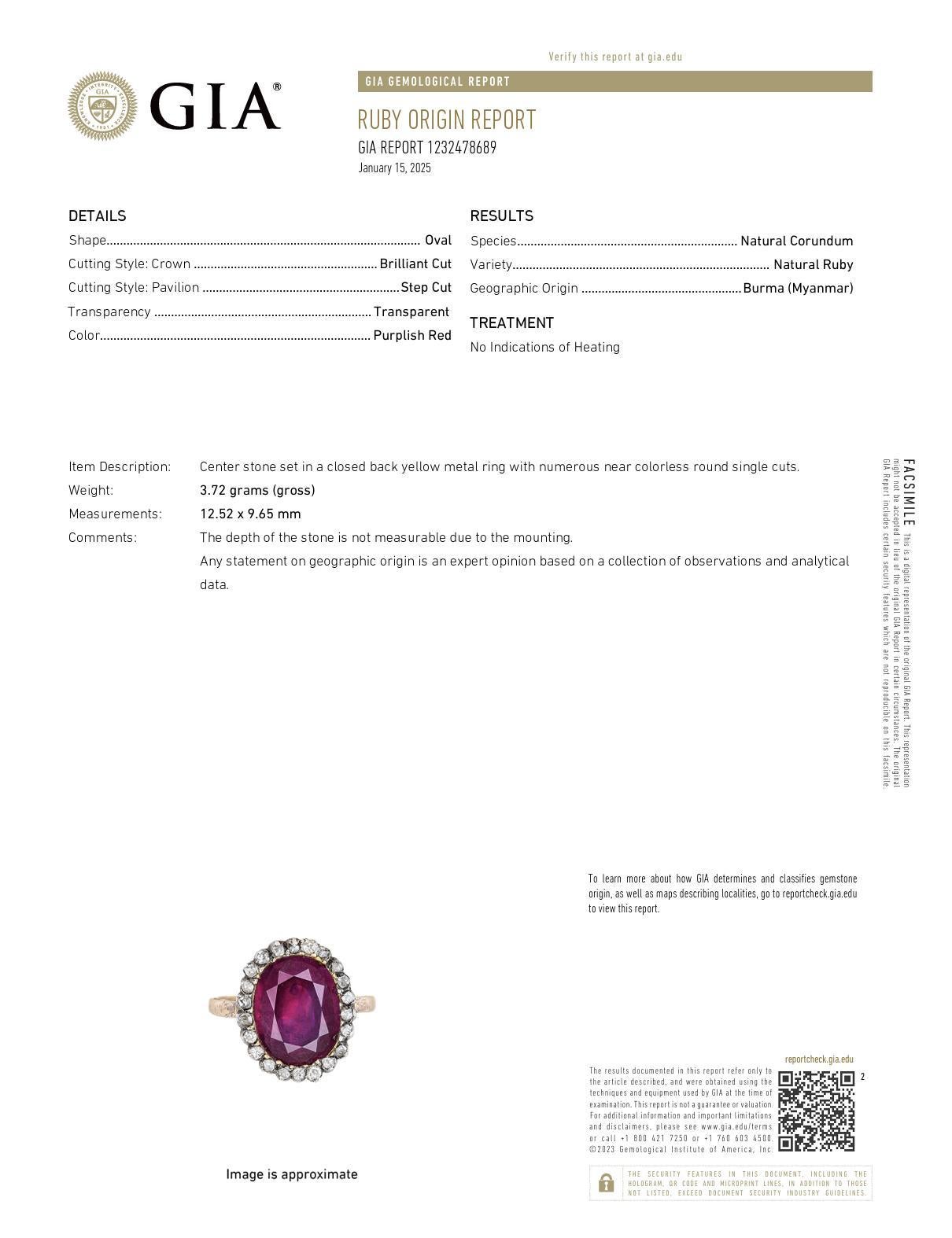 Women's or Men's Georgian GIA 4 carat Burma no heat ruby diamond ring For Sale