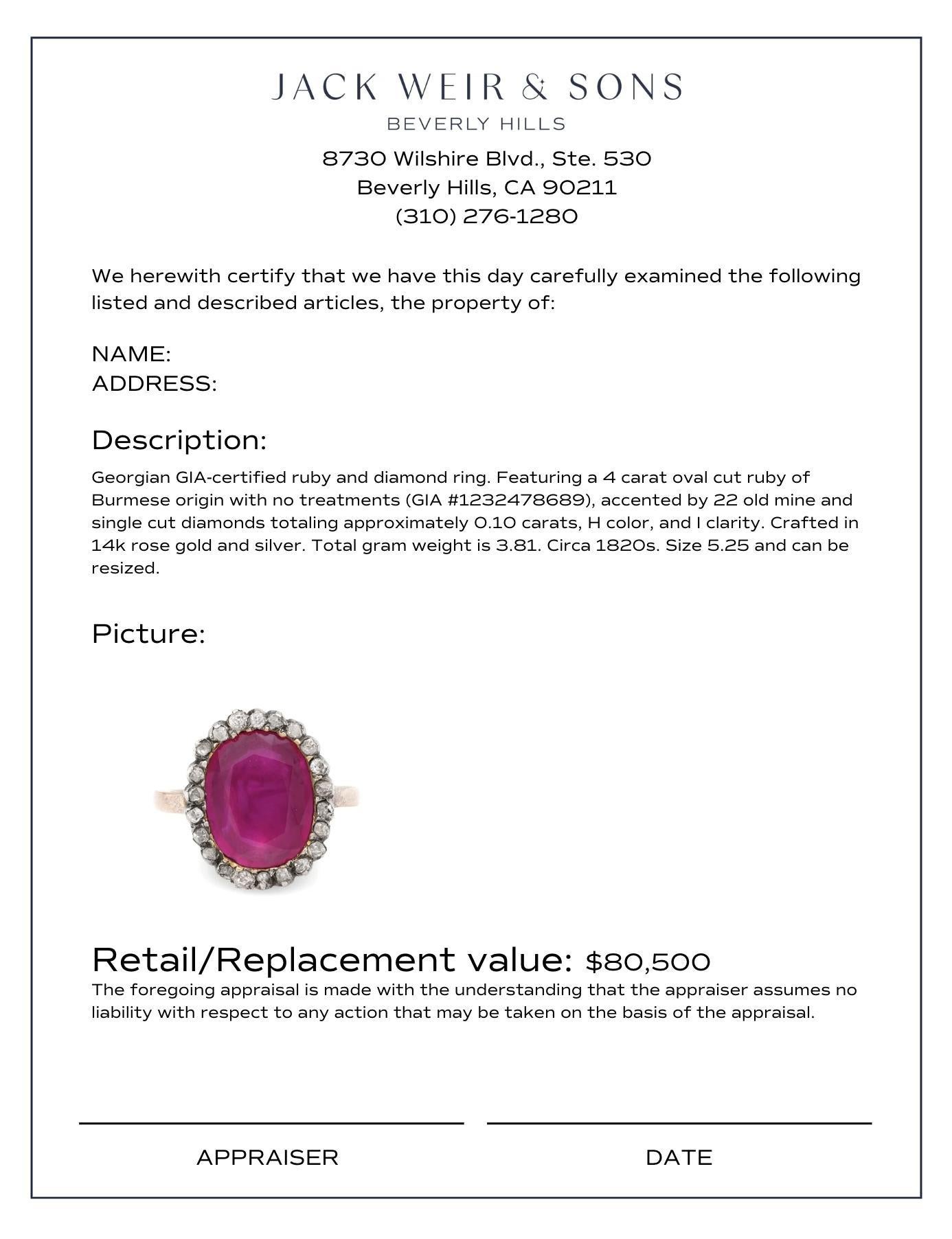 Georgian GIA 4 carat Burma no heat ruby diamond ring For Sale 1
